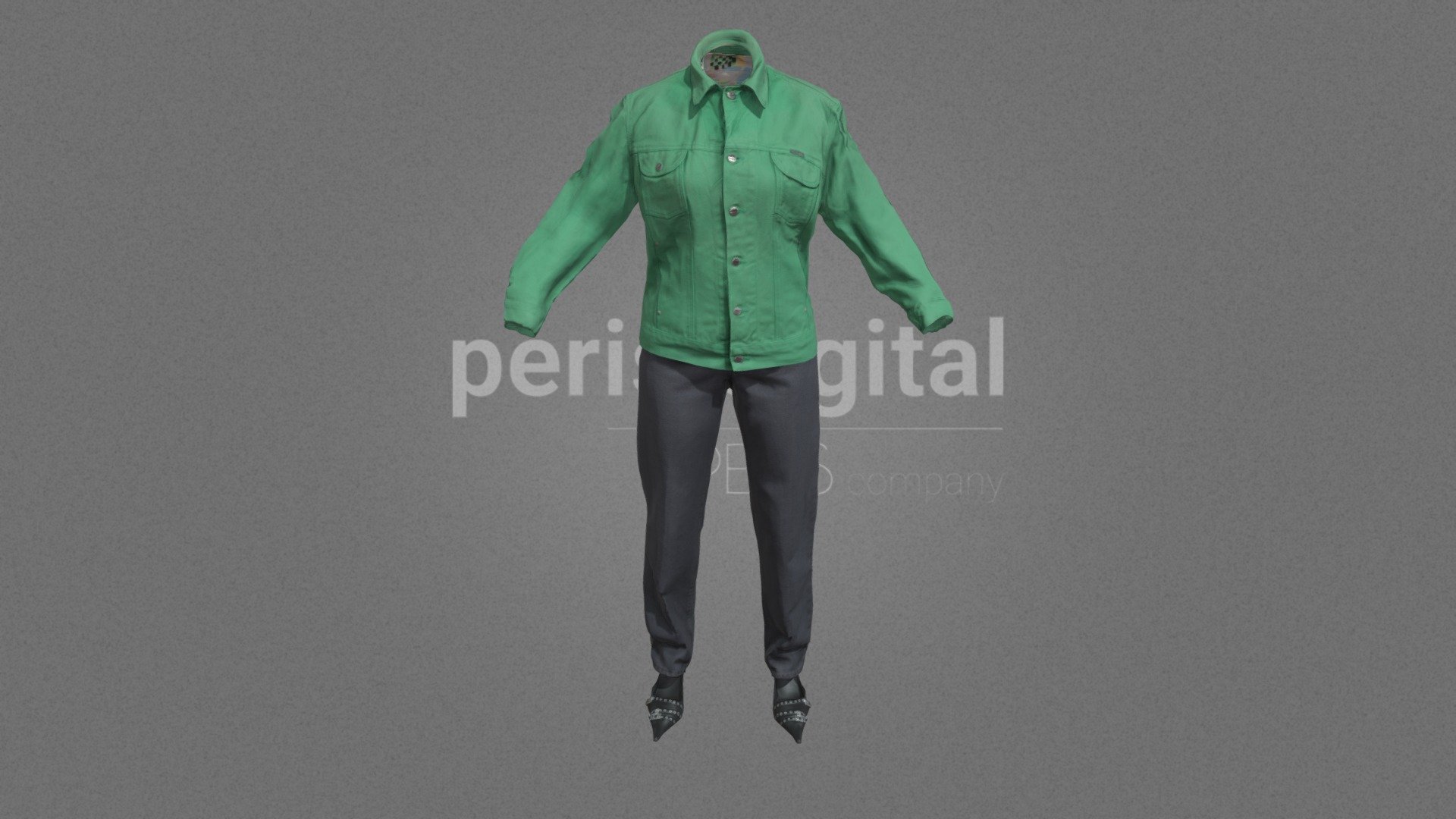 Green denim jacket, white shirt with prints, black trousers, black shoes with heels.

PERIS DIGITAL HIGH QUALITY 3D CLOTHING They are optimized for use in medium/high poly 3D scenes and optimized for rendering. We do not include characters, but they are positioned for you to include and adjust your own character. They have a LOW Poly Mesh (LODRIG) inside the Blender file (included in the AdditionalFiles), which you can use for vertex weighting or cloth simulation and thus, make the transfer of vertices or property masks from the LOW to the HIGH model. We have included in Additional Files, the texture maps in high resolution, as well as the Displacement maps in high resolution too, so you can perform extreme point of view with your 3D cameras. With the Blender file (included in AdditionalFiles) you will be able to edit any aspect of the set . Enjoy it!

Web: https://peris.digital/ - 80s Fashion Series - Woman 17 - Buy Royalty Free 3D model by Peris Digital (@perisdigital) 3d model