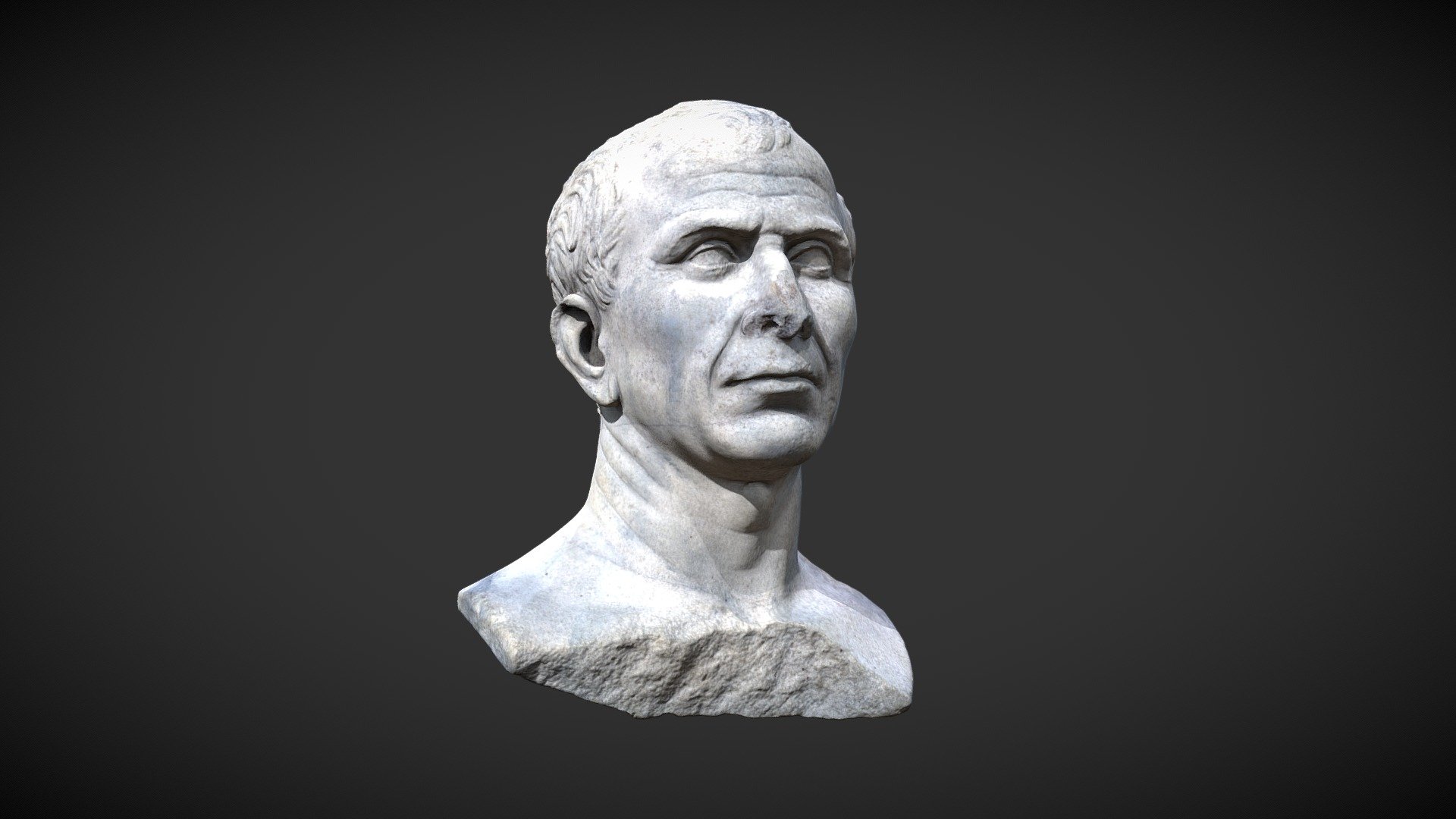 Found in 2007 at Arles, in the Rhône river right bank, this life-size portrait has been cut by an exceptional  sculptor in a high quality marble, most often used for imperial orders. If face presents assumed features of Julius Caesar, lack of inscriptions does not identify it for sure.

Dokimeion marble (Phrygie, current Turkey)

Middle of the 1st c. BC 

Height. 39,5 ; width. 22 ; depth. 18 cm 

Weight : 20,5 kg

Arles, Rhône excavations, 2007

RHO.2007.05.1939 - Presumptive portrait of Julius Caesar - 3D model by Musée départemental Arles antique (@museearlesantique) 3d model