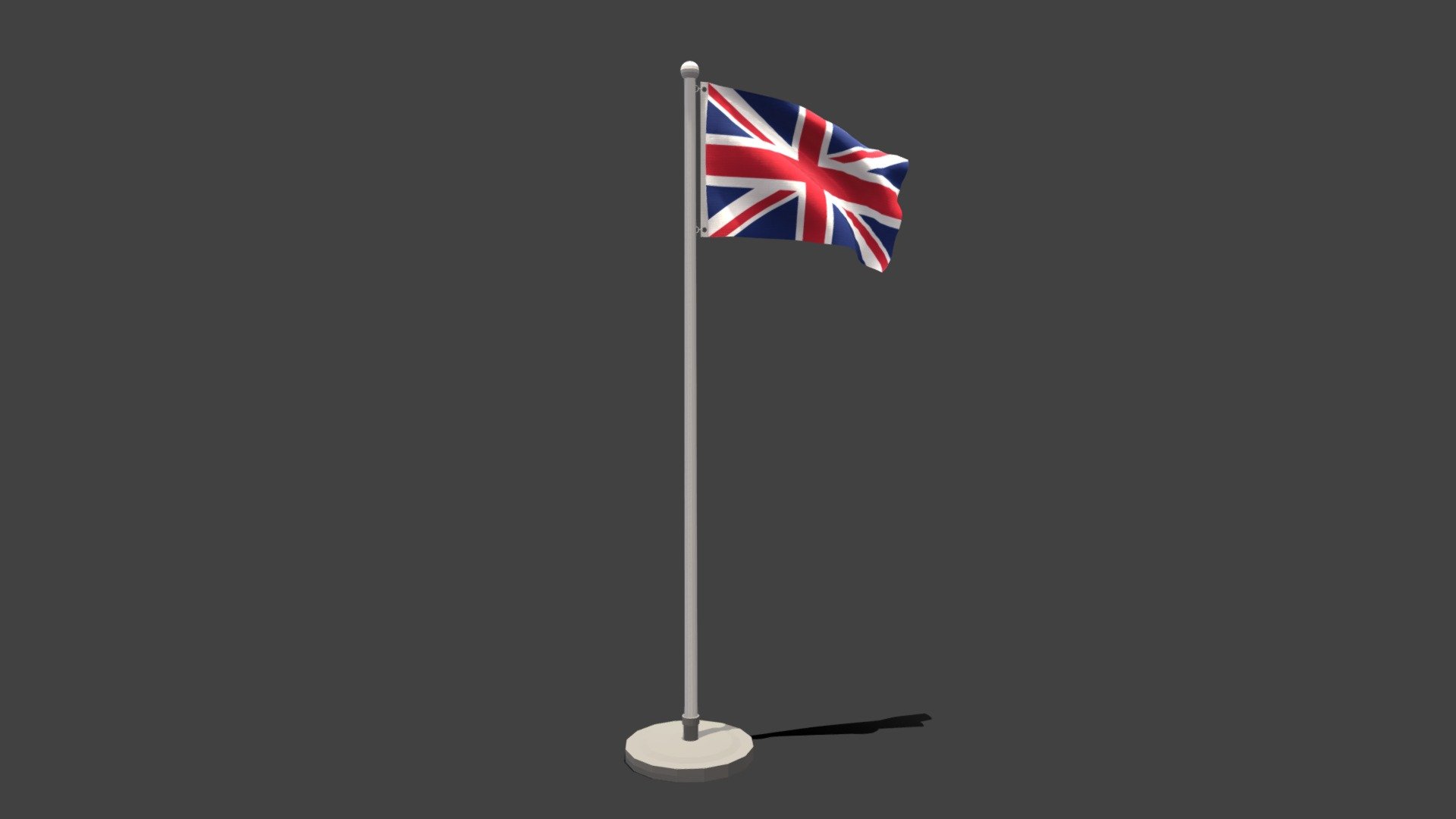 This is a low poly 3D model of an animated United Kingdom Flag. The low poly flag was modeled and prepared for low-poly style renderings, background, general CG visualization presented as 2 meshes with quads only.

Verts : 1.536 Faces : 1.459.

1024x1024 textures included. Diffuse, roughness and normal maps available only for flag. The pole have simple materials with colors.

The animation is based on shapekeys, 248 frames and seamless, no rig included.

The original file was created in blender. You will receive a OBJ, FBX, blend, DAE, Stl, gLTF, abc.
PLEASE NOTE Animation icluded only in blend, abc and glTF files

Warning: Depending on which software package you are using, the exchange formats (.obj , .dae, .fbx) may not match the preview images exactly. Due to the nature of these formats, there may be some textures that have to be loaded by hand and possibly triangulated geometry 3d model