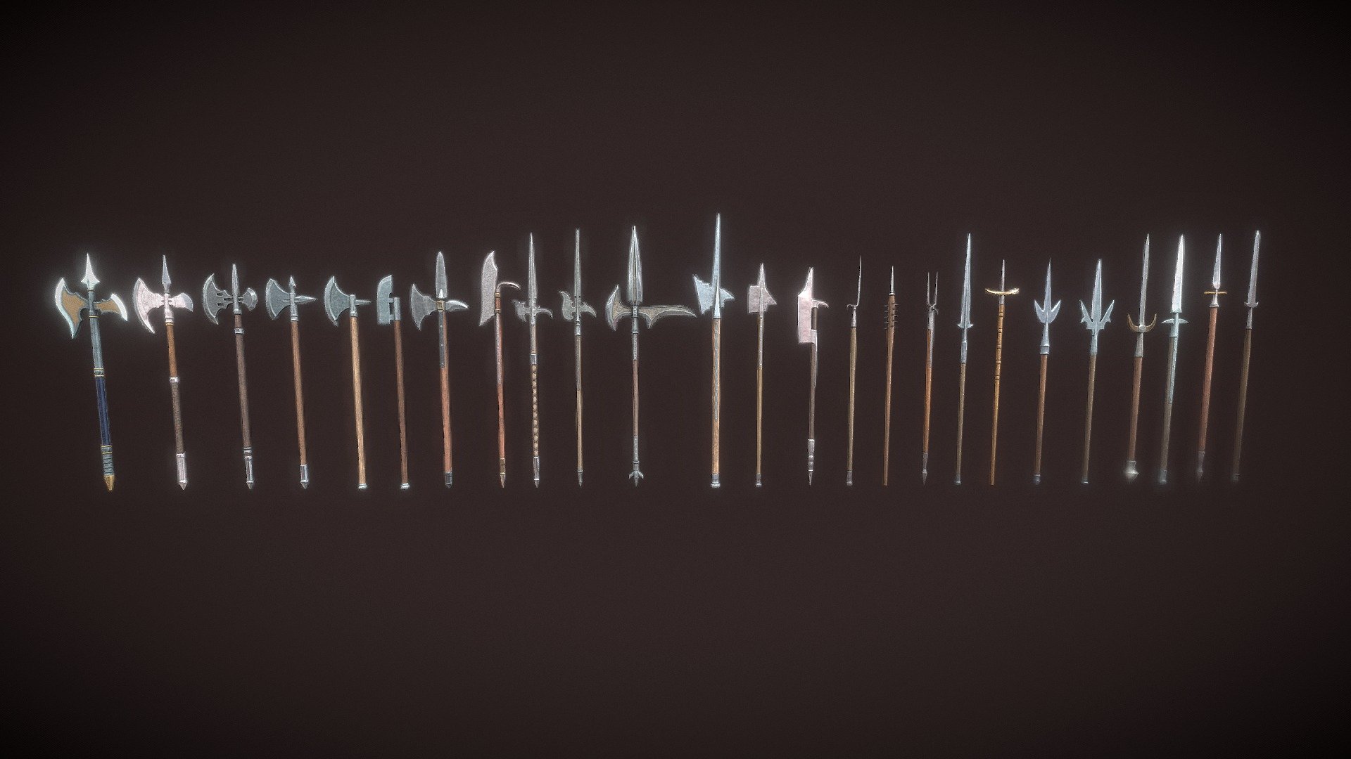 Qualitative models of halberds and spears.

The set consists of 25 objects (14 halberds and 11 spears).

Each object has PBR textures with a resolution of 2048x2048.

The total number of triangles is 31822

Halberd_01 - 2708 tris

Halberd_02 - 1730 tris

Halberd_03 - 1822 tris

Halberd_04 - 1034 tris

Halberd_05 - 708 tris

Halberd_06 - 472 tris

Halberd_07 - 1800 tris

Halberd_08 - 1140 tris

Halberd_09 - 2186 tris

Halberd_10 - 2430 tris

Halberd_11 - 1346 tris

Halberd_12 - 1556 tris

Halberd_13 - 994 tris

Halberd_14 - 1112 tris

Lanse_01 - 884 tris

Lanse_02 - 740 tris

Lanse_03 - 796 tris

Lanse_04 - 828 tris

Lanse_05 - 760 tris

Lanse_06 - 1064 tris

Lanse_07 - 1056 tris

Lanse_08 - 988 tris

Lanse_09 - 860 tris

Lanse_10 - 972 tris

Lanse_11 - 876 tris

Archives with textures contain:

PNG textures - base color, metallic, normal, roughness

Texturing Unity  - AlbedoTransparency, MetallicSmoothness, Normal

Texturing Unreal Engine - BaseColor, Normal, OcclusionRoughnessMetallic - Halberds and spears - 3D model by zilbeerman 3d model