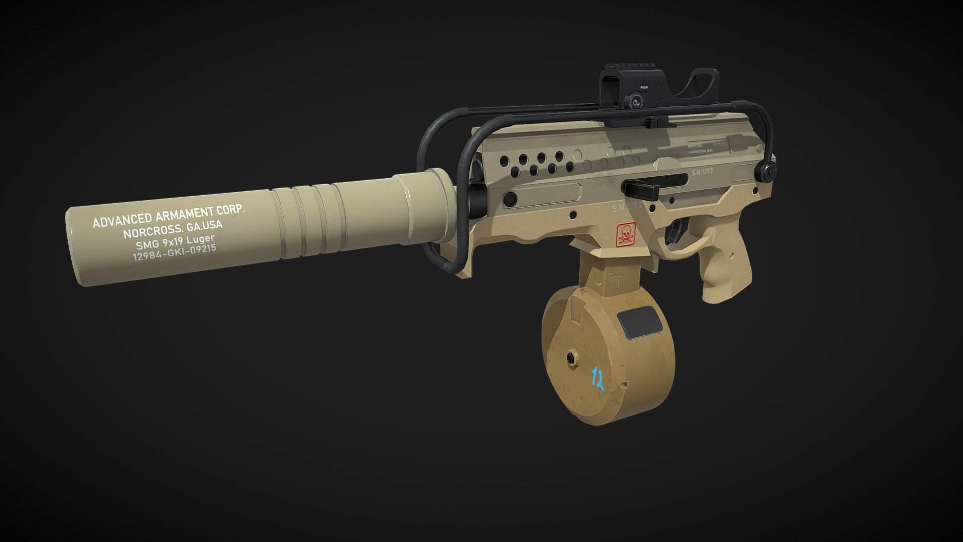Compact SMG 9x19.Original concept by Kris Thaler https://www.artstation.com/artwork/eZBkJ. I made my vision of this gun but the main forms was from the concept.1 set of 4k PBR texture 3d model
