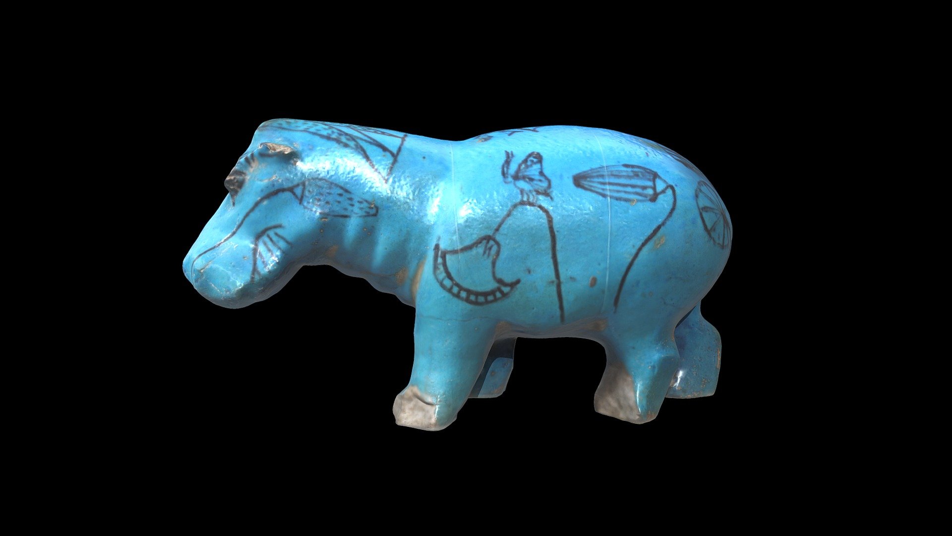 Faience hippopotamus from Dra’ Abu el-Naga, Western Thebes.  Middle Kingdom, 11th Dynasty in date.  Currently in the the Egyptian Museum, Cairo, Egypt. .  Cairo Museum number JE 21365.  White lines seen on its sides and back are from monofilament used to secure it to its museum mount.

Photographed in November 2022.

Created from 142 photographs using Metashape 1.8.4 3d model