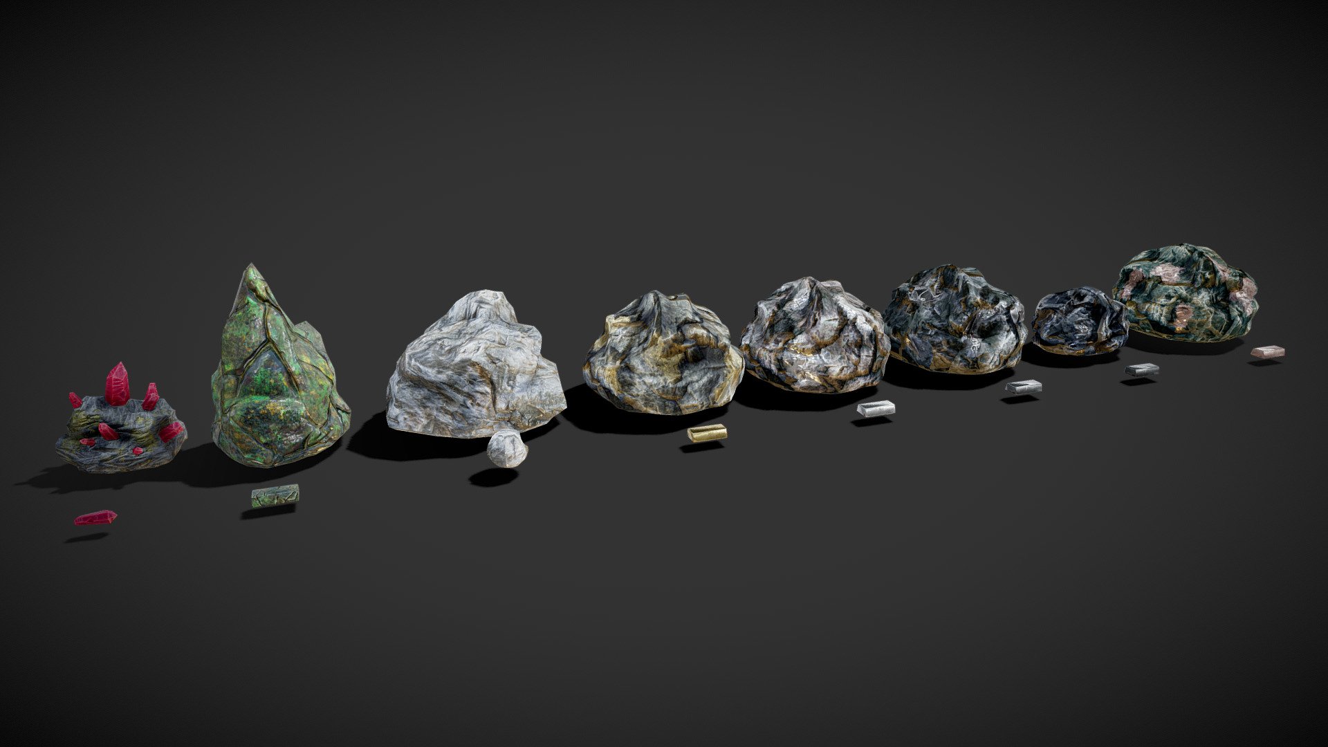 RaR file content : Fbx and Obj files and 4k textures for unity5 and UnrealEngine4.
Gem Ore: 363 polys , 445 verts.
Rare Ore: 252 polys , 254 verts.
Stone node: 196 polys , 198 verts.
Common ores: 472 polys, 474 verts.
Tin ore: 475 polys, 474 verts.

Gem ingot: 24 polys , 28 verts.
Common and rare ingot: 62 polys , 56 verts.
Boulder: 142 polys , 144 verts.

Sketchfab viewport textures are less than 4k due to the sketchfab upload cap 3d model