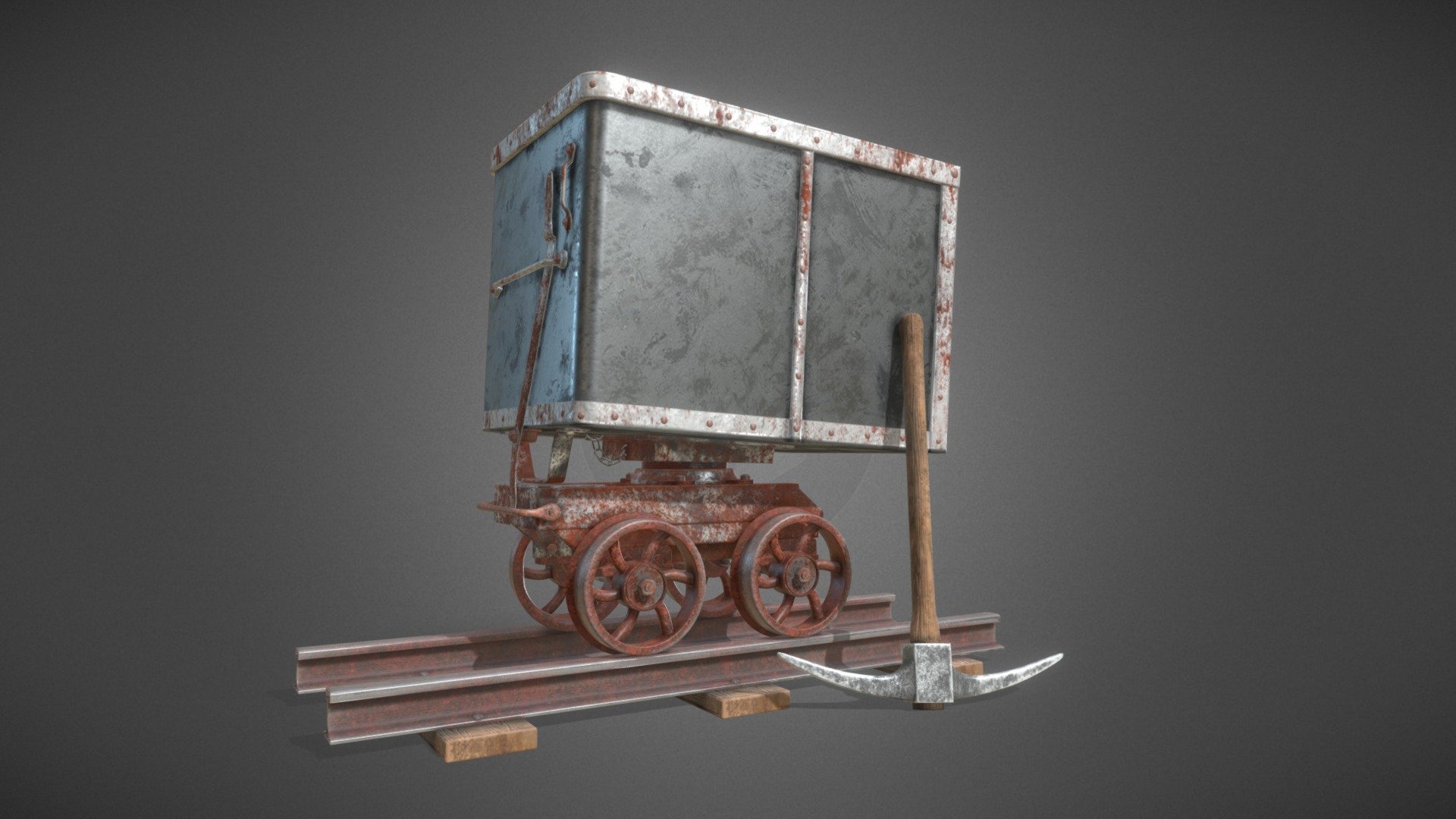 A simple mining cart scene involving an old rusty mining cart, a set of tracks, and a mining axe.  All modeling was done in Blender and texturing was done in Substance Painter.  Completed July 2023 - Rusty Mining Cart - Buy Royalty Free 3D model by Jacob Monger (@jacobmonger) 3d model