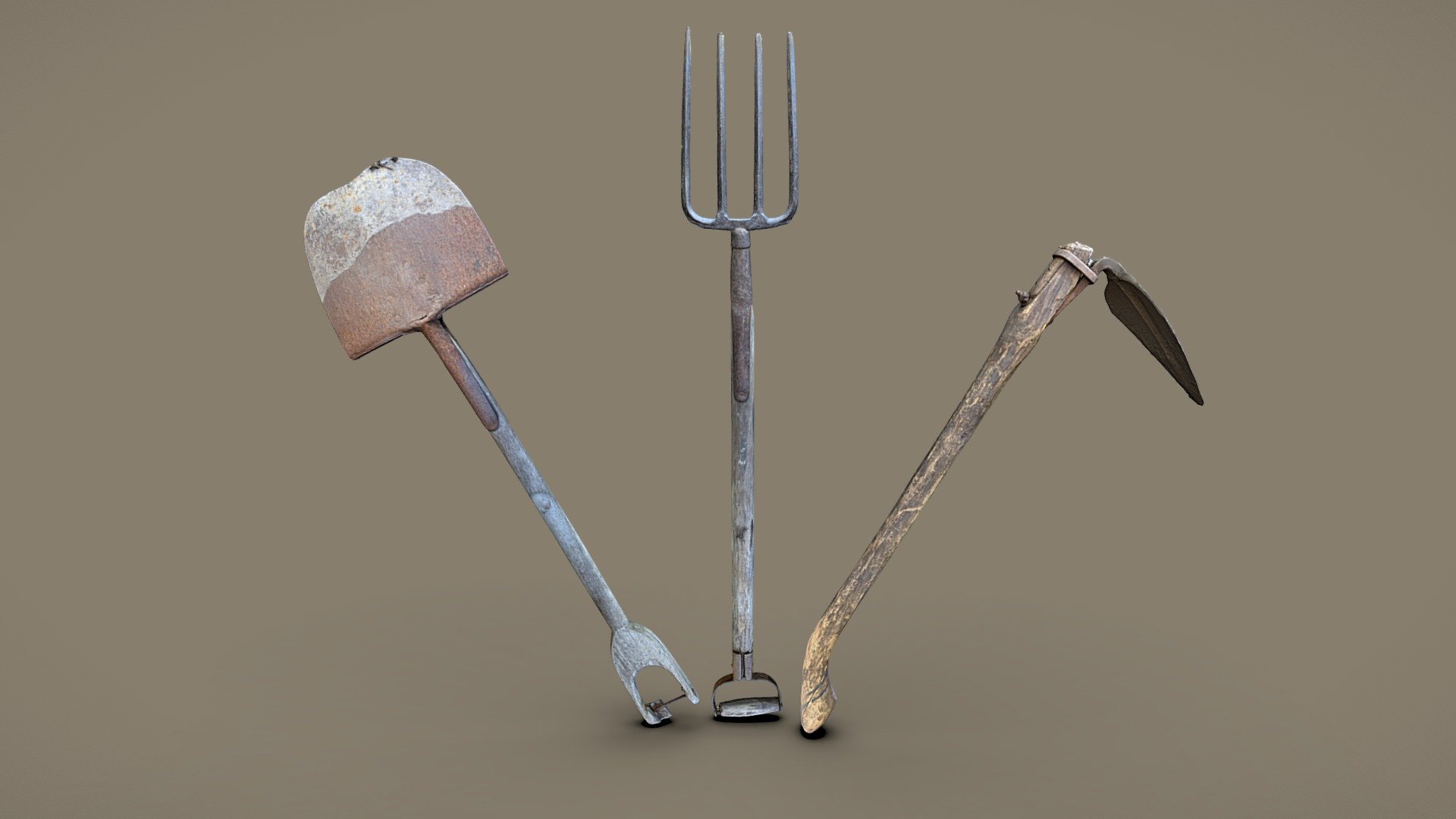 Old farming tools.

Pack includes three models:

(You can also buy individual tool from links below)




farming hoe 

digging fork

shovel

All models include 8k diffuse map, 4k normal map, 4k ambient occlusion map.

Photos taken with D5300 + 35mm Nikkor

Processed with Metashape + Blender + Instant meshes - Old Farming Pack - Buy Royalty Free 3D model by Lassi Kaukonen (@thesidekick) 3d model