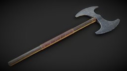Medieval Double Axe rpg, wooden, leather, warrior, fighter, soldier, viking, medieval, ornament, big, barbarian, celtic, giant, damaged, feudal, battle, iron, ornamented, rpggame, rpg-weapon, pbr, axe, wood, fantasy, war, knight, gameready, steel