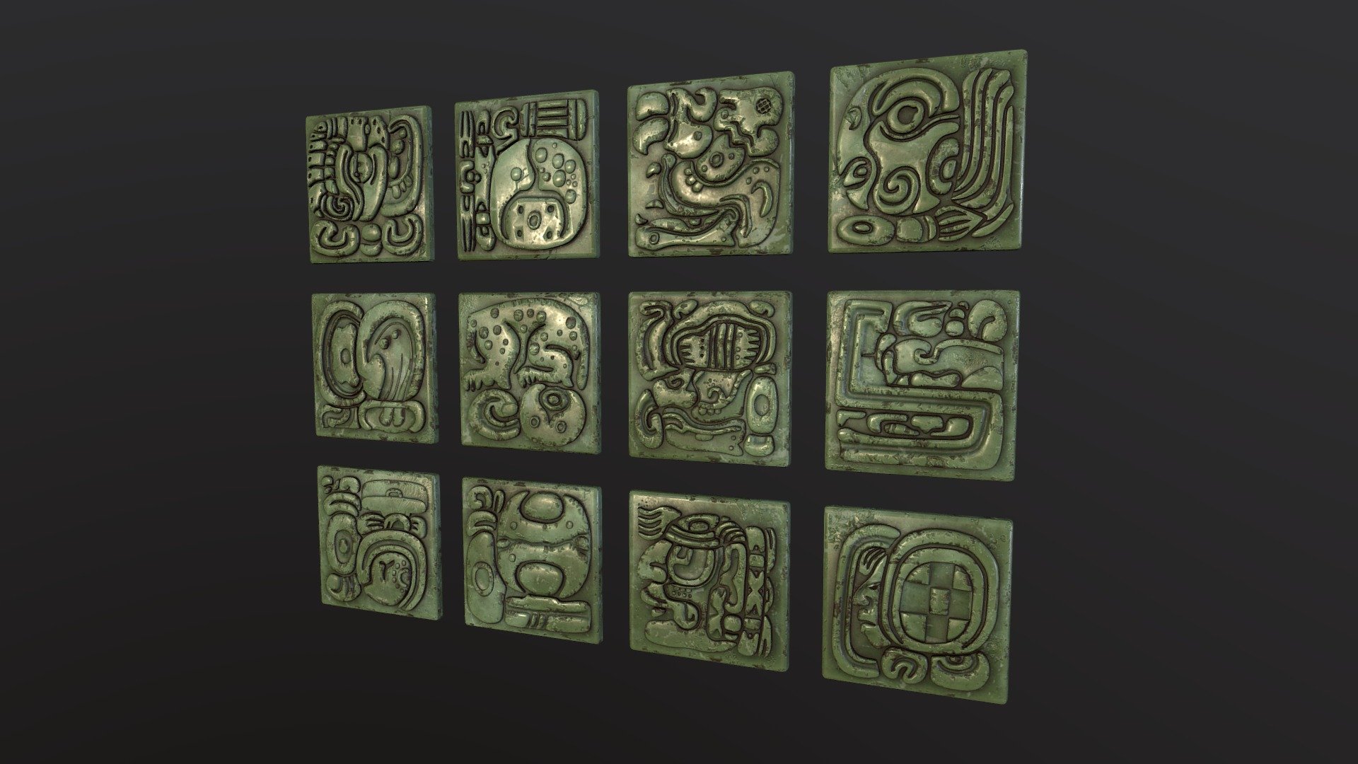 3D model of a collection of ancient jade tiles. Mayan and aztec glyphs on the bas-relief.
Can be used as ancient artifacts or for inlaying art objects with them.

A highpoly model: https://skfb.ly/oRB76 - Ancient Mayan Jade Tiles (lowpoly) - Download Free 3D model by Chao Kurosaki (@chaokurosaki) 3d model