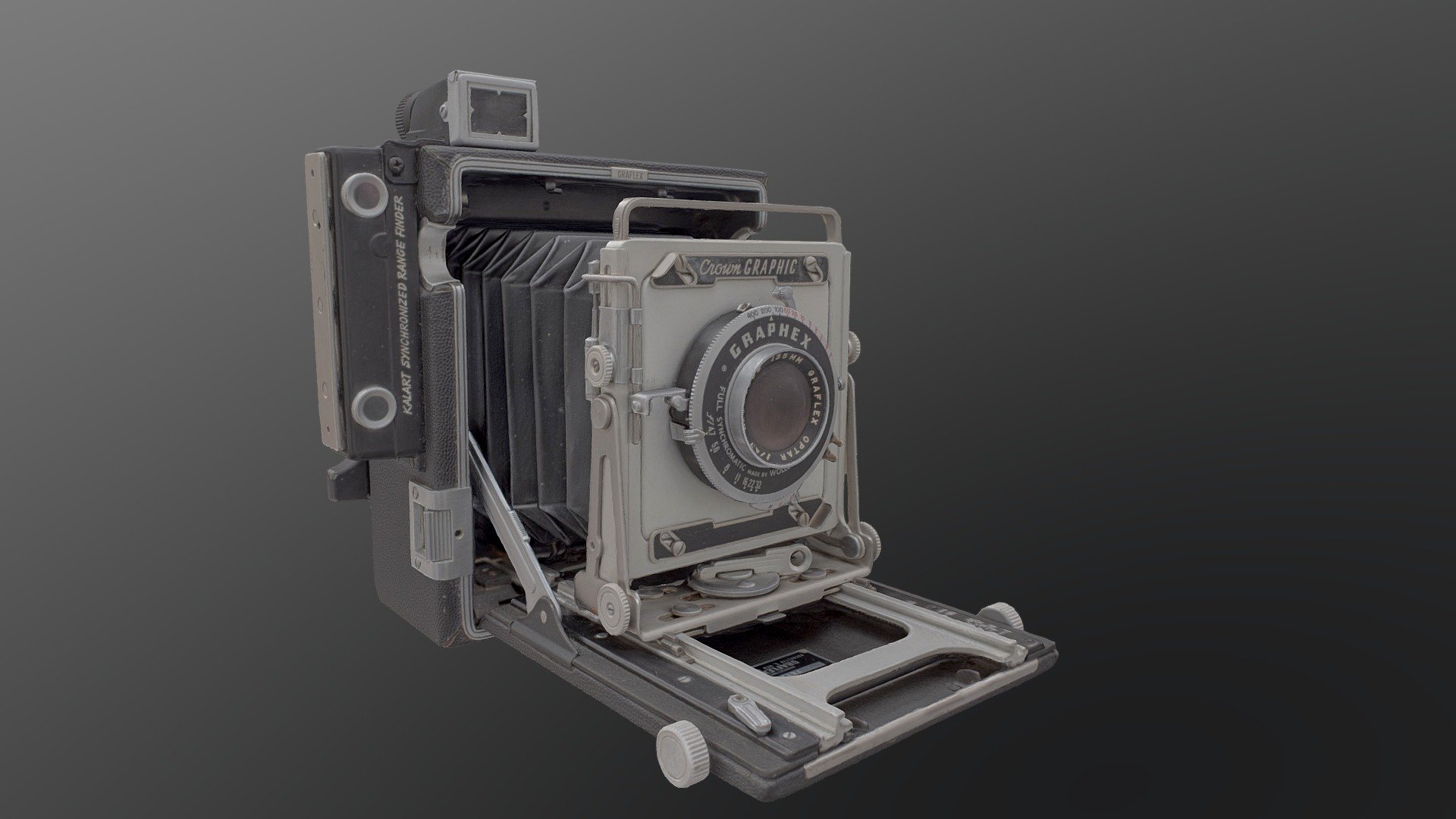This another scan of vintage camera. This time Graflex thatis almost 90 years old. 
Processed in RealityCapture and Blender.
Two size of files avalible one simplified and one with 5M trinagles 3d model