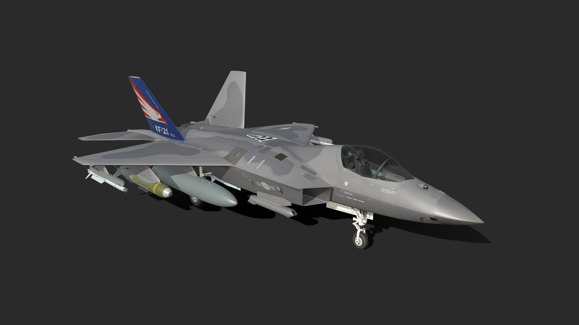 The KAI KF-21 Boramae (formerly known as KF-X) is a South Korean fighter aircraft development program, with Indonesian involvement, with the goal of producing an advanced multirole fighter for the South Korean and Indonesian air forces. The airframe is stealthier than any fourth-generation fighter, but does not carry weapons in internal bays like fifth-generation fighters, though internal bays may be introduced later in development.

In April 2021, the first prototype was completed and unveiled during a rollout ceremony at the headquarters of KAI at Sacheon Airport.[6] It was officially given the name Boramae (Translates to: &lsquo;young hawk' or &lsquo;fighting hawk'). The first test flight was conducted on 19 July 2022, with manufacturing scheduled to begin in 2026. At least 40 aircraft are planned to be delivered by 2028, with South Korea expecting to deploy a total of 120 of the aircraft by 2032. It will also be available for export market - KAI KF-21 Boramae - 3D model by Tim_samedov 3d model