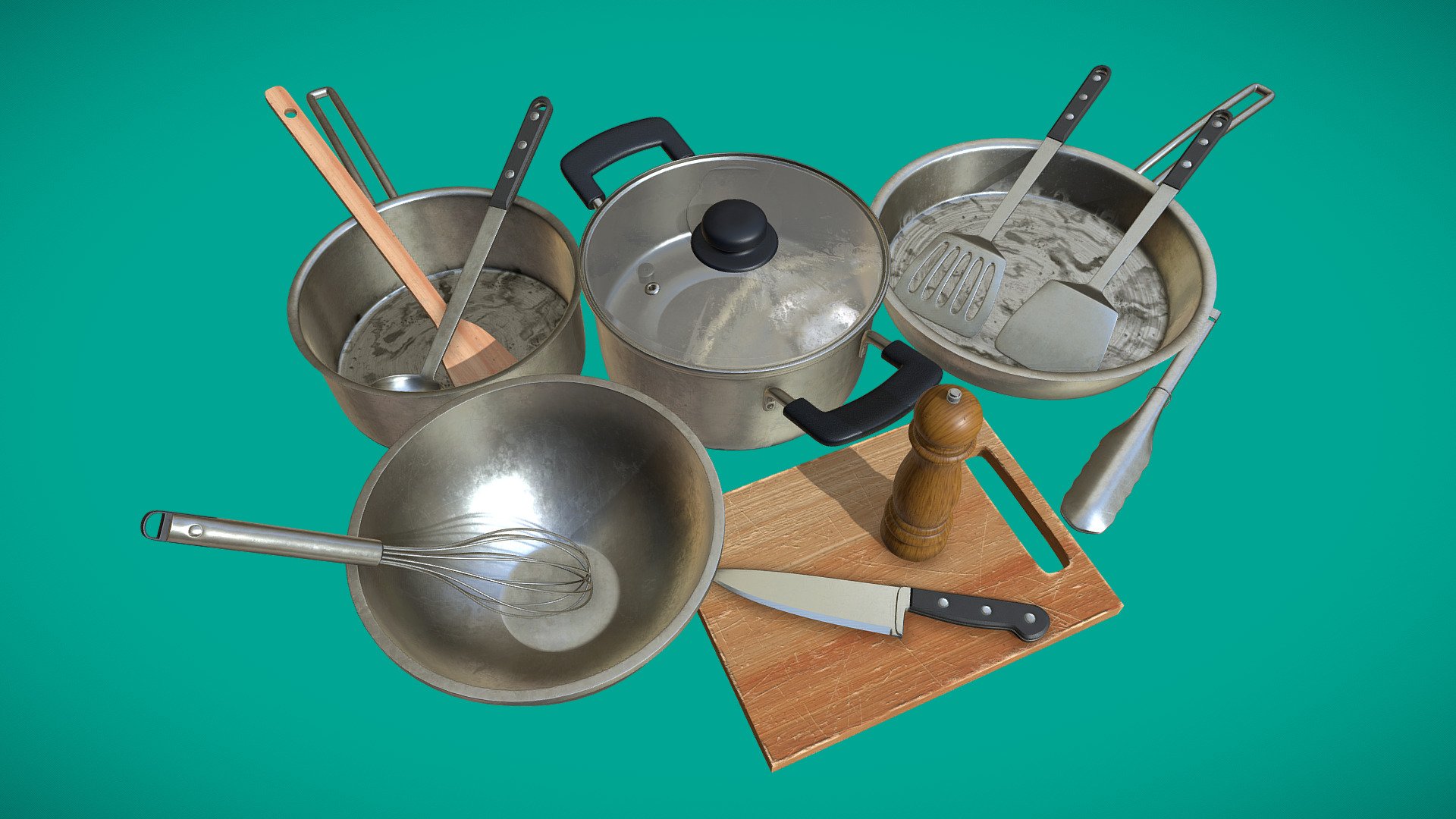 A small set consists of 13 different cooking utensils.

PBR textures: Base Color, Metallic, Roughness, Normal, Height, Opacity.

Pack includes:

•   2048 textures &amp; 4096 textures

•   Chopping Board

•   Pan/Frying Pan

•   Kitchen Knife

•   Ladle

•   Pepper Mill

•   Pot

•   Spatula/Slotted Spatula/Wooden Spatula

•   Stainless Bowl

•   Tongs

•   Whisk - A Set of Cooking Utensils - High Poly - Buy Royalty Free 3D model by armoredcabbage 3d model