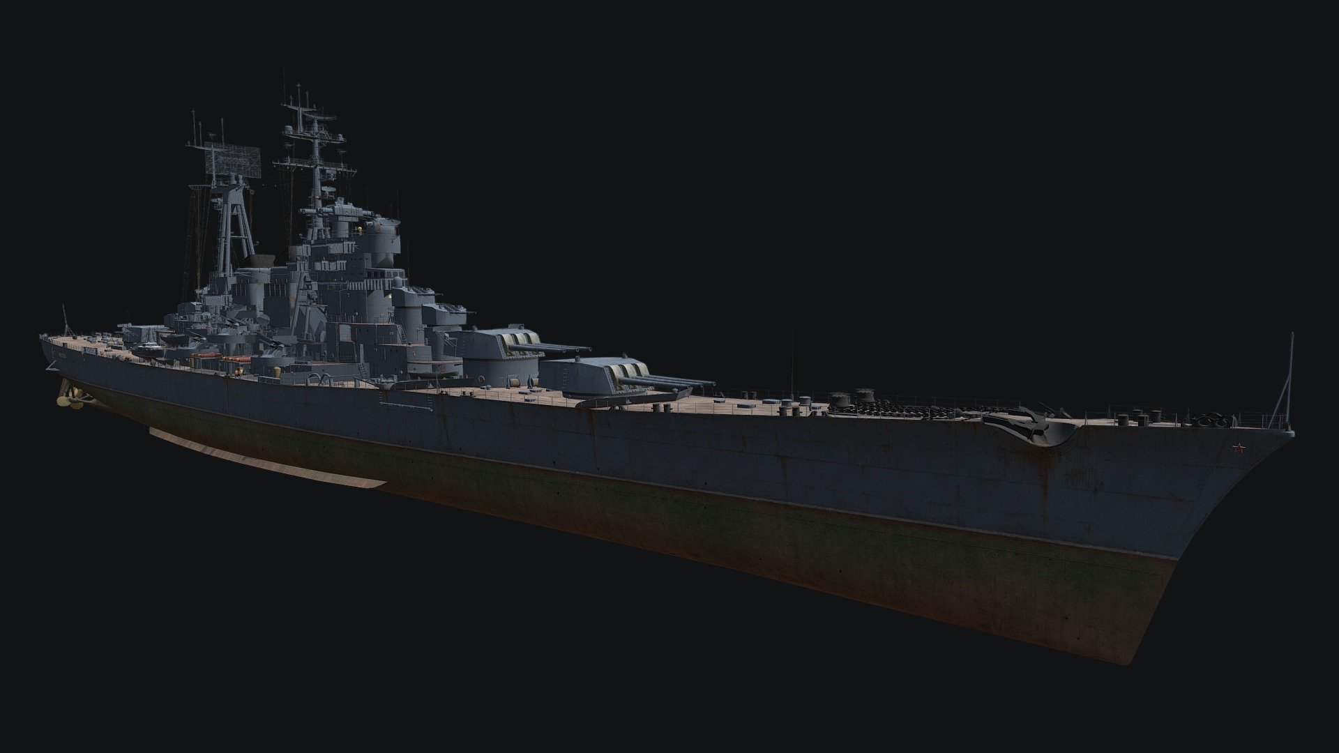 This model was developed by Wargaming for their popular game ‘World of Warships’. Play World of Warships now to send these ships into battle!

Use the following link to start playing!

https://worldofwarships.com/

Moskva — Soviet Tier X cruiser.

A ship designed and intended to destroy light enemy cruisers and fight against heavy cruisers (Project 66). Unlike her foreign counterparts, she boasted bigger dimensions and better armor protection. The cruiser's main battery surpassed foreign guns in maximum range and destructive power but had a lower rate of fire.

Moskva is available in the Armory for 244,000 Coal 3d model