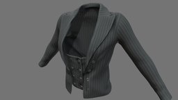 Female Striped Business Jacket With Waistcoat and, white, vest, fashion, girls, jacket, clothes, with, business, gray, realistic, real, striped, womens, wear, formal, waistcoat, pbr, low, poly, female, black