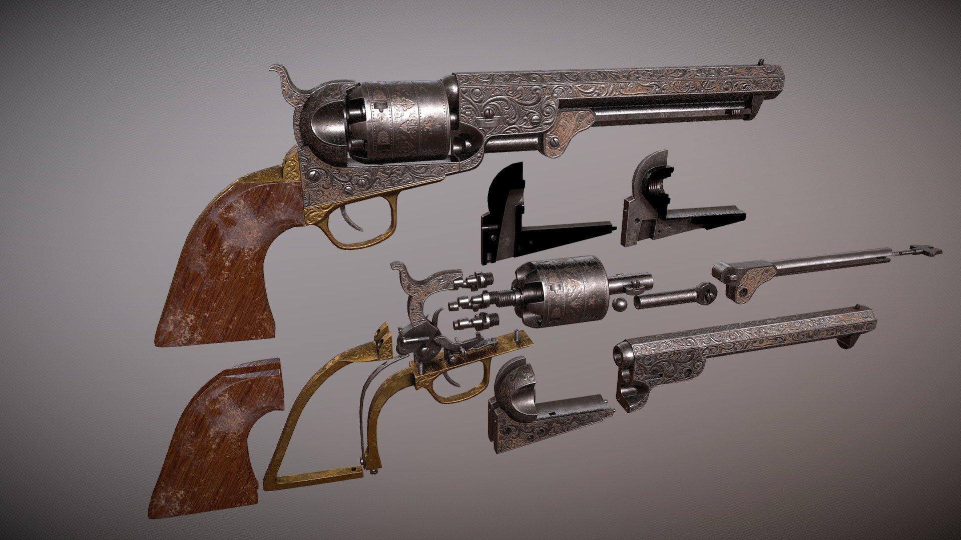 Modelled in Blender and Textures made with the Substance Suite. You are welcome to download and use this as you please! 

More Renders here! https://www.artstation.com/artwork/GXaWlz

This is my take on the 1851 Navy Colt Revolver, I started this a while back but recently felt inspired to finish it thanks to the game Red Dead Redemption 2. I challenged myself to model all the intricate parts of this revolver as I became really engrossed in the functionality of it 3d model
