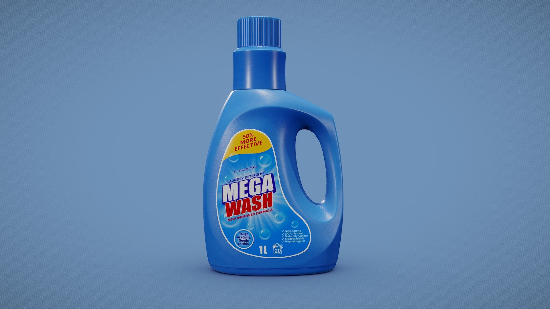 Laundry detergent bottle PBR 3D model.

Purchase includes several colour variations of bottle and label.

Bottle label is fictional, the asset is safe to use in commecrial projects 3d model