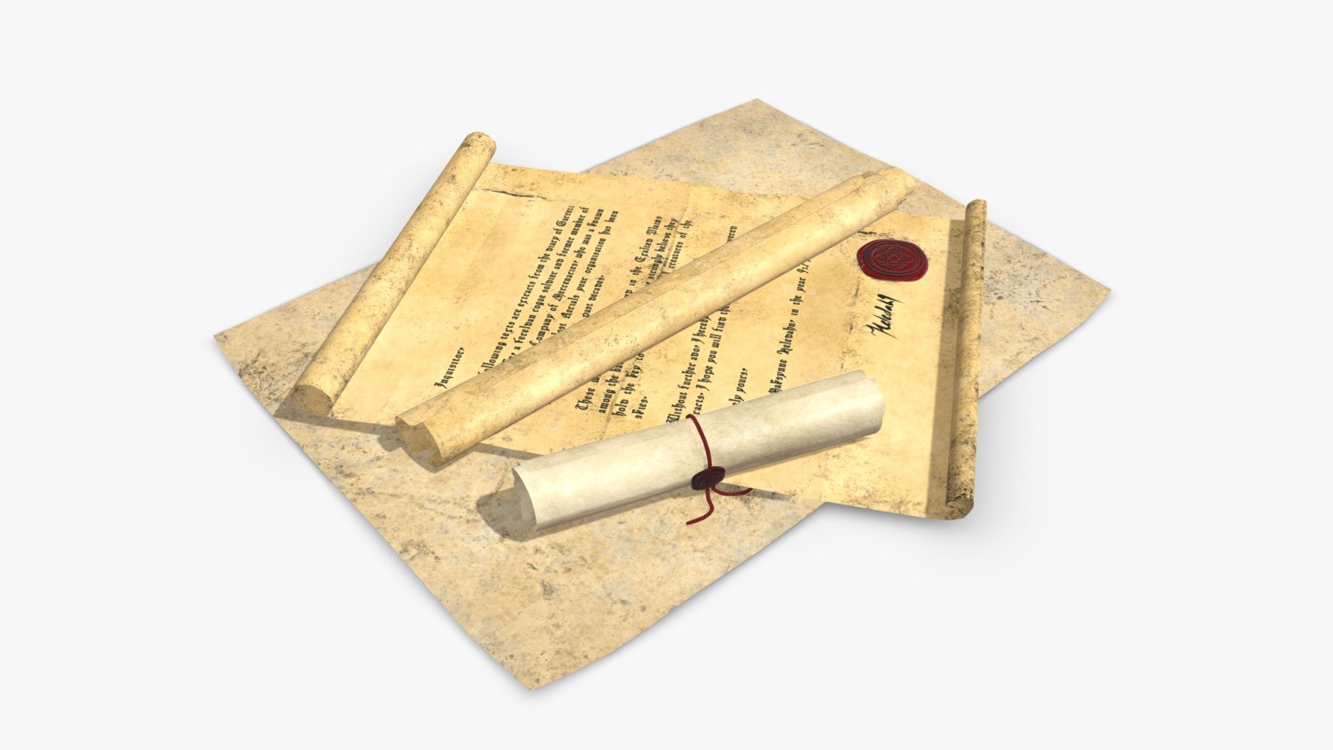 Check out my website for more products and better deals! &amp;gt;&amp;gt; SM5 by Heledahn &amp;lt;&amp;lt;

These are a digital 3D model collection of Old parchments, made of parchment paper and burned papyrus. Some of the parchments have been folded and have tears in the folded edges. Others have burnt corners and holes.

These models offer a charming antique look, perfect for Medieval, Fantasy or Steampunk settings, either as a background props, or as a closeup props due to their incredible amount of detail and realism.

This product will achieve realistic results in your rendering projects and animations, being greatly suited for close-ups due to their high quality topology and PBR shading 3d model
