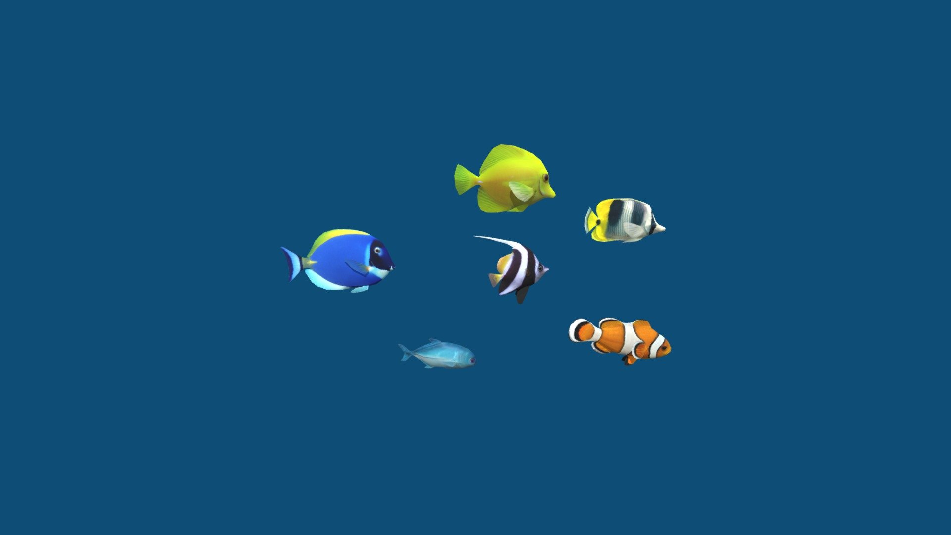 ! There is my 3nd version of this pack with 7 fish https://skfb.ly/ouUWz 





Coral Fish Pack

includes 6 animations:

1 Clownfish.................... (idle 0-193)

2 Double-Saddle fish.... (idle 0-250)

3 Blue Tang ....................(idle 0-270)

4 Yellow Tang .................(idle 0-248)

5 Caranx......................... (idle 0-60)

6 Bannerfish................ (idle 0-278) - Coral Fish Pack 6 - 3D model by Mikhail Nesterov (@cgsoul) 3d model