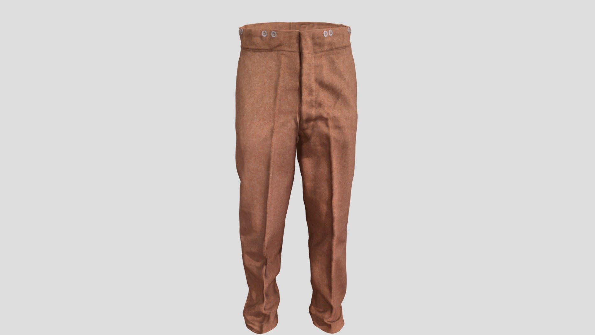WW1 unlined Sergeants khaki trousers. 
The bottoms to the jacket (see model), which is made from the same wool/tweed that would have been incredibly uncomfortable to wear and probably irritated the skin. There are 8 buttons lining the waist band of the trousers, in sets of four sets of two buttons going across, and there is then 4 buttons going down the front of the trousers which were incredibly stiff to undo and redo. There are two welt pockets either side. Much like the jacket, there is no lining on the trousers which would have made it incredibly uncomfortable to wear 3d model