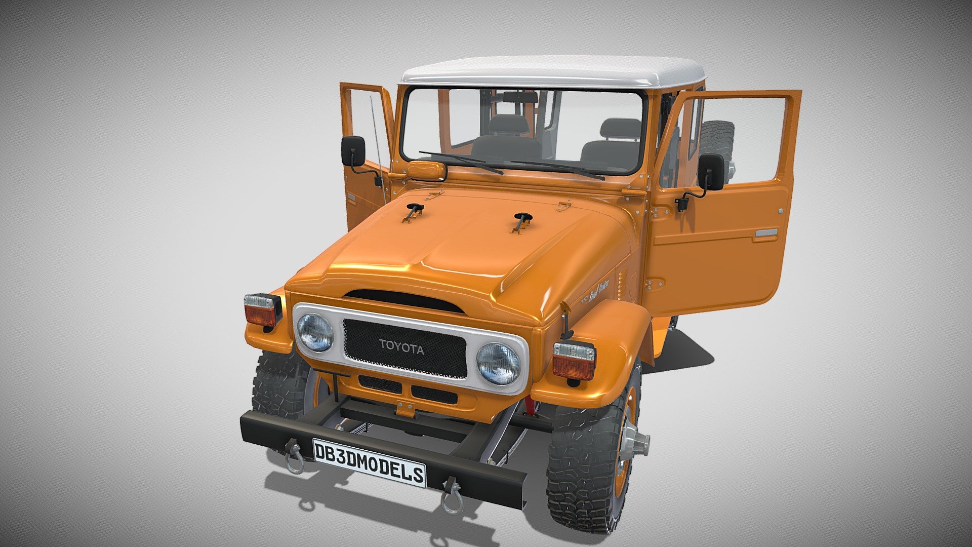 A very accurate model of the Toyota Land Cruiser FJ-40, with a highly detailed interior.

File formats:
-.blend, rendered with cycles, as seen in the images;
-.blend, rendered with cycles, with doors open, as seen in images;
-.obj, with materials applied and textures;
-.obj, with materials applied and textures and doors open;
-.dae, with materials applied and textures;
-.dae, with materials applied and textures and doors open;
-.fbx, with material slots applied;
-.fbx, with material slots applied and doors open;
-.stl;
-.stl with doors open;

3D Software:
This 3d model was originally created in Blender 2.79 and rendered with Cycles.

Materials and textures:
The model has materials applied in all formats, and is ready to import and render.
The model comes with multiple png image textures.

Preview scenes:
The preview images are rendered in Blender using its built-in render engine &lsquo;Cycles' 3d model