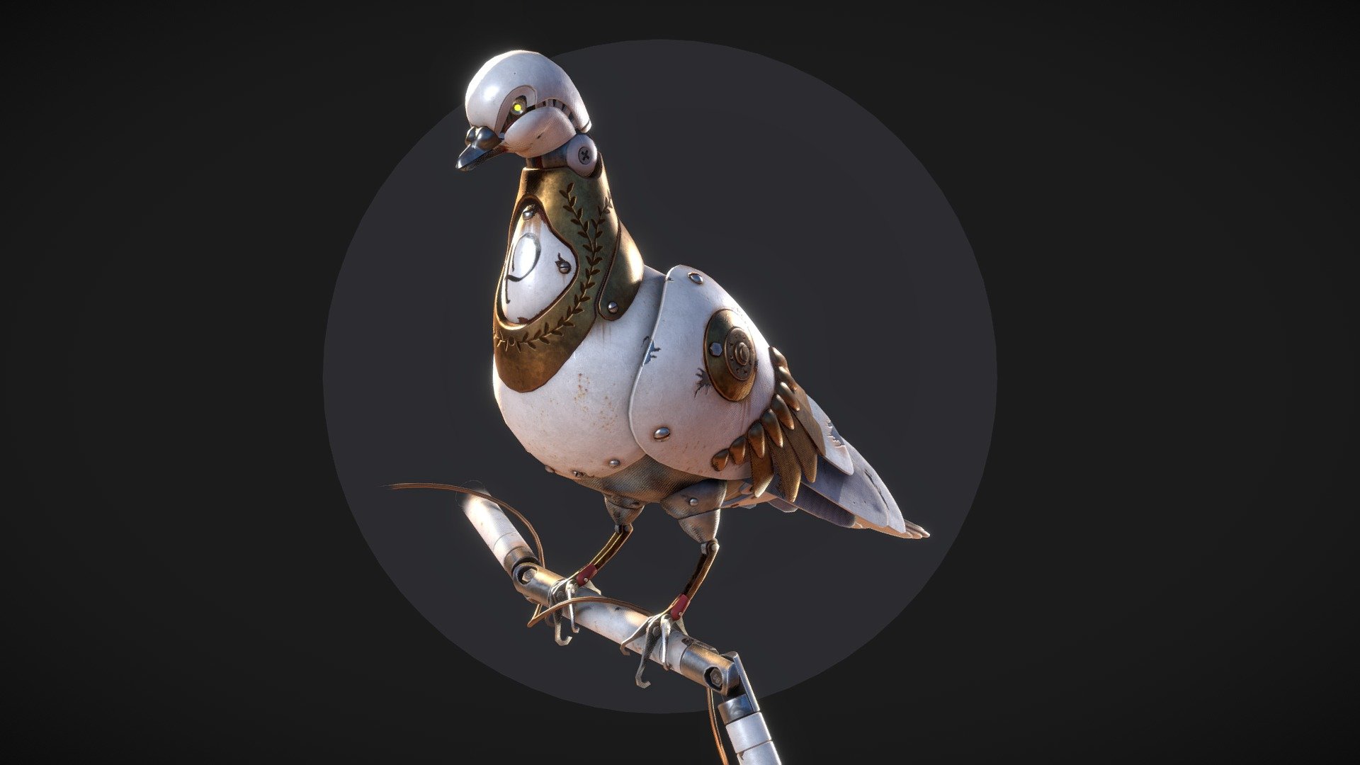 A mechanical mid poly model of a pigeon that I made based on a sculpture by Igor Verny.

In this work, I paid attention to creating a high-quality topology with the correct edge flow. The model has two modes of use: 1. Mid Poly - 26k triangles [all chamfers are made using bevel, not a normal map]; 2. Subdivision - the same model, but using the Subdivision Surface modifier [in this case, the model will become highly polygonal, about 410k triangles]

Resolution of pigeon textures: 4k. Resolution of &ldquo;branch