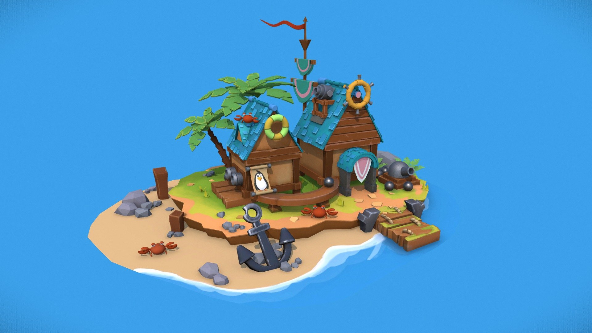 A small island in the ocean where the penguin lives. Together with the crabs, they ennobled him and protect him from the attacks of pirates.:) 

Concept by Martin GAO

Any feedback is appreciated 3d model