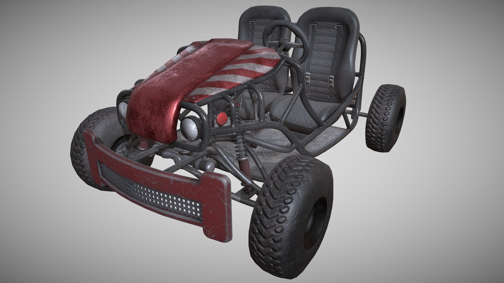 This is a Go-Kart I made using Blender and Substance. It's my own version of a childrens' go-kart. It has 2K PBR Maps for 4 different parts of the mesh. Maps are: Roughness, Height, Metallic, Normal, Color, and 2 Emissive maps for the headlights and the back-light.

The vehicle is NOT rigged or animated. It comes in one piece in an obj and its mtl file. For future calculation purposes, the steering wheel was rotated 25 degrees forward.

License Disclaimer: This model was inspired by Tao's JeepAuto Go Kart model. The hood, tires, bumper, and seats are my own design but the basic skeleton is very similar so I decided to go with the CC Attribution-NonCommercial license 3d model