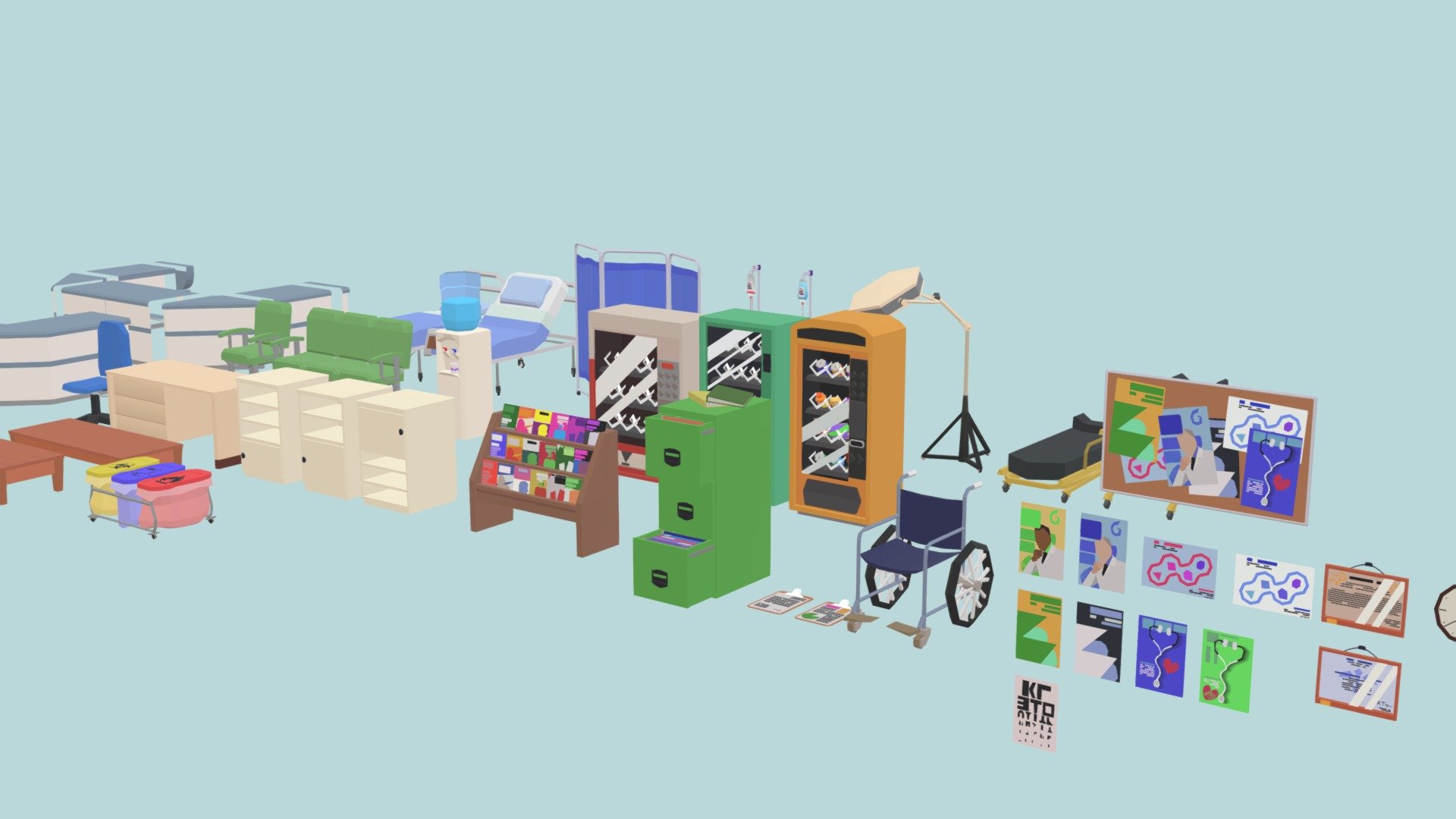 A bunch of hospital props i was commissioned to make
The props are made in parts to be under 300 tris, and with flat vertex color instead of textures
the props include; poster, gurny, vending machines, hospital beds, monitors, cabinets, drawers, tables, lights, computers, displays, plants, plantpots, benches, and various miscellaneous medical equipment - Hospital Props Low Poly Vertex Color - 3D model by Alice (@alisona) 3d model