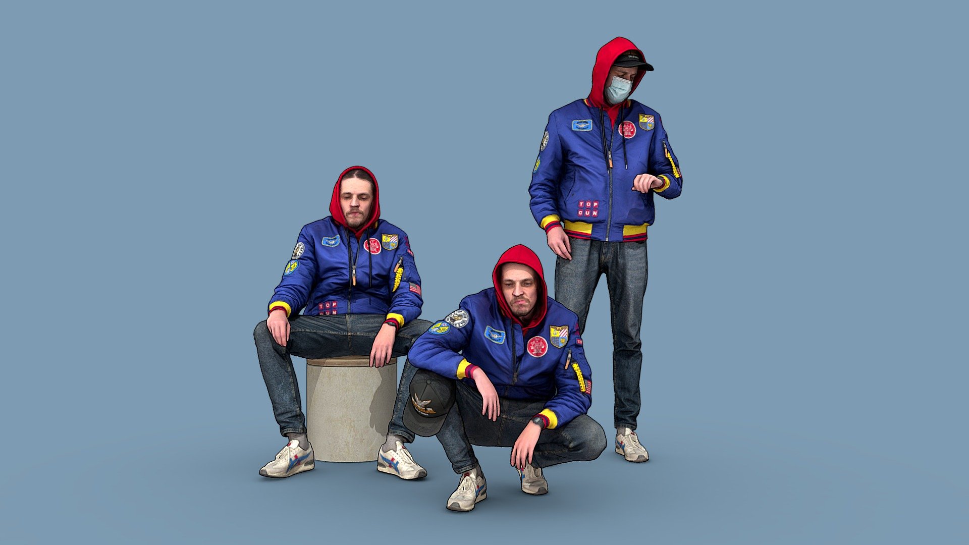 Follow us on instagram ✌🏼

✉️ Pack of 3 character models, a young man, a handsome tall guy, a city dweller, a tourist, a student, stylishly dressed, in a cap, with a hood, in a blue bomber jacket, jeans, in a medical mask on his face, standing, waiting, keeps track of the time on his wrist watch.

🦾 This model will be an excellent mid-range participant. It does not need to be very close and try to see the details, it reveals and demonstrates its texture as much as possible in case of a certain distance from the foreground.

⚙️ Photorealistic Casual Character 3d model ready for Virtual Reality (VR), Augmented Reality (AR), games and other real-time apps. Suitable for the architectural visualization and another graphical projects. 50 000 polygons per model 3d model