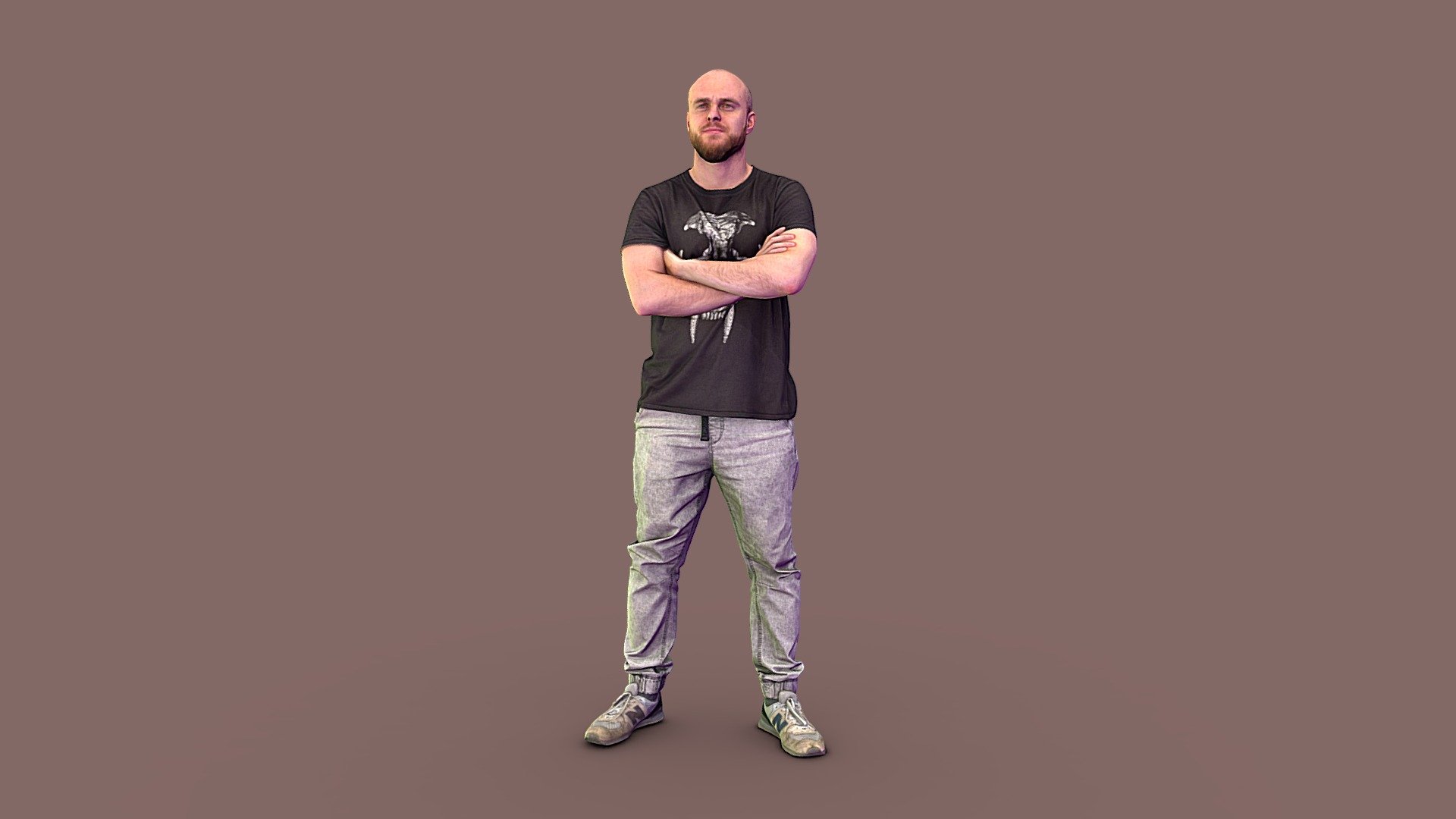 Follow us on instagram ✌🏼

✉️ A young man, a brutal bald guy with a beard, in a black T-shirt and gray jeans, stands, looks straight, his arms crossed over his chest.

🦾 This model will be an excellent mid-range participant. It does not need to be very close and try to see the details, it reveals and demonstrates its texture as much as possible in case of a certain distance from the foreground.

⚙️ Photorealistic Casual Character 3d model ready for Virtual Reality (VR), Augmented Reality (AR), games and other real-time apps. Suitable for the architectural visualization and another graphical projects. 50 000 polygons per model 3d model