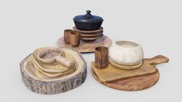 Wooden Plates Set food, pot, board, tray, ladle, kitchen, soup, tableware, cutting, cups, bowls, plates, pbr, lowpoly, gameasset, wood
