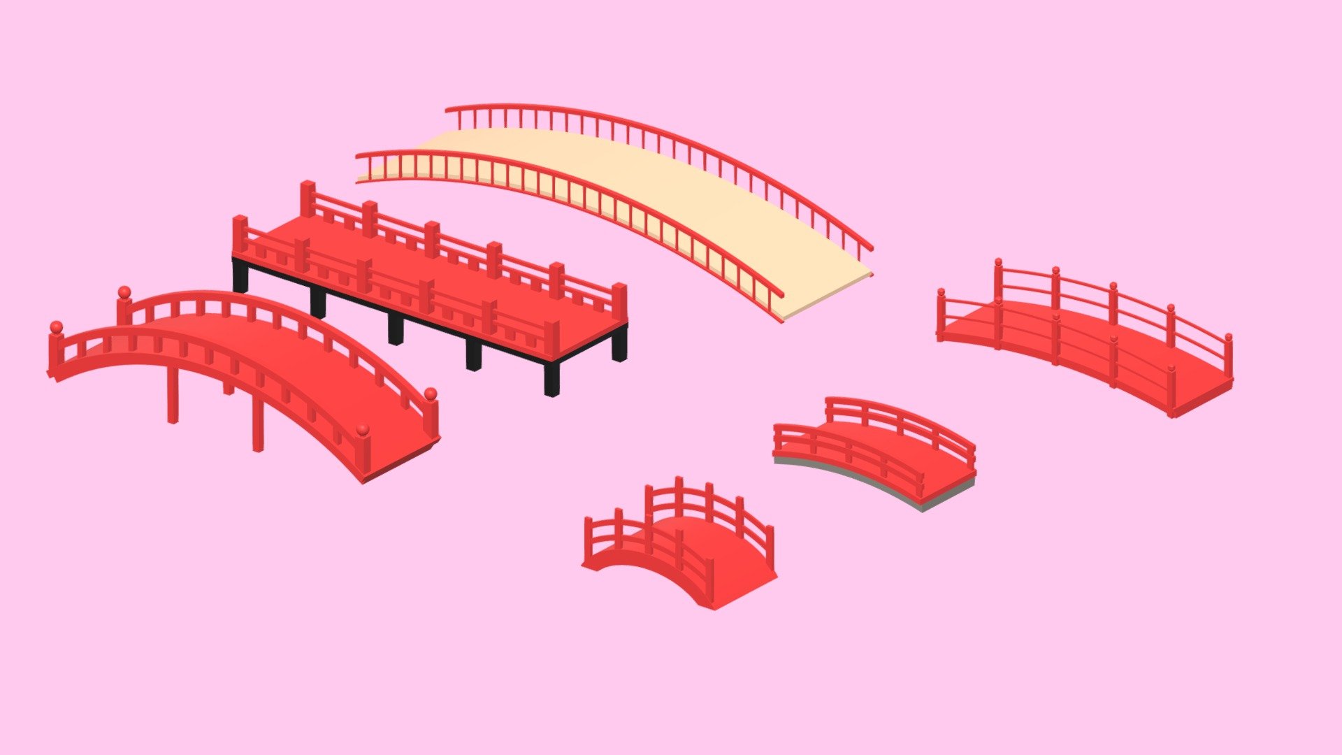 -Cartoon Asian Japanese Bridge Collection

-This product contains 6 objects.

-Total vert: 9,194, poly: 8,871.

-Materials, objects have the correct names.

-Real world scale.

-This product was created in Blender 2.8.

-Formats: blend, fbx, obj, c4d, dae, abc, stl, glb, unity.

-We hope you enjoy this model.

-Thank you 3d model