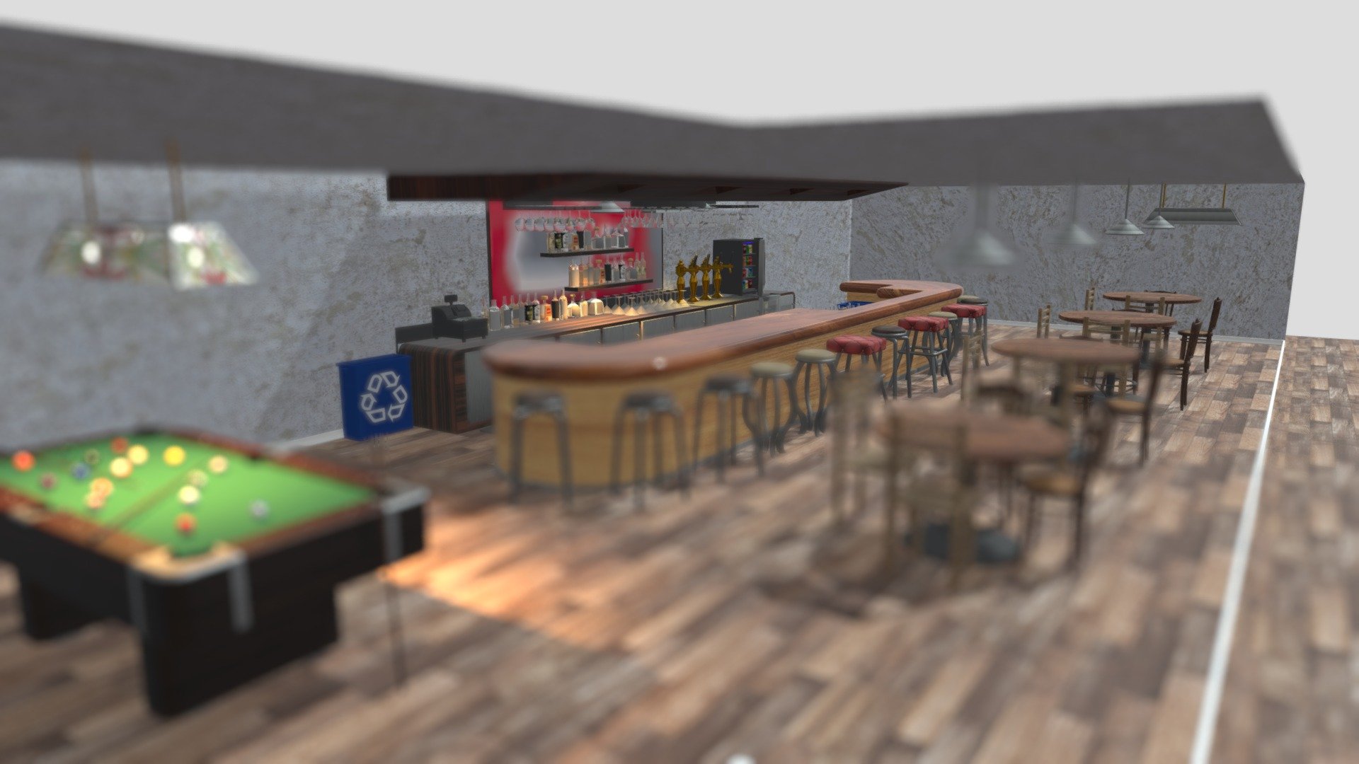 This is a scene I made in Atodesk Maya. 
This first inspiration was the Alibi Room from Shameless, it end up being the scene you're looking at.
This is my last scene of the year, I really hope you like it :)

CC:
Register by: Numiteg. https://sketchfab.com/3d-models/cash-register-by-numiteg-93e2d04acb5541e1a12a181f8b1addc4 
Chair by: shuvalov.di. https://sketchfab.com/3d-models/chair-c226b9e0cace4a20bf017b7061ada18d - Bar - Cantine 3d model