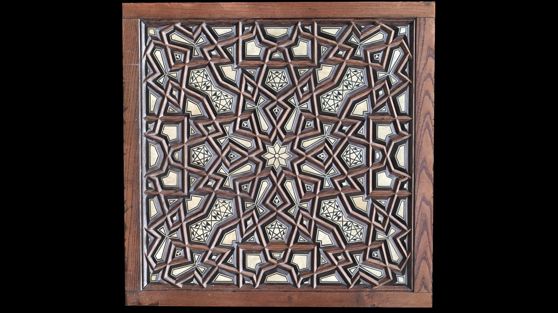 Islamic geometetric design on door panel in the Al-Rafa'i Mosque, Cairo, Egypt.  Panel is of wood and bone/ivory and is approximately 24 x 24 inches (61 x 61 cm).  Construction of the mosque dates to the mid-19th - early 20th centuries A.D.

Created from 48 photographs (Canon EOS T7i) using Metashape 1.8.4.  Decimated from orignal 2.9M poly face mesh.  Photographed in January 2023 3d model