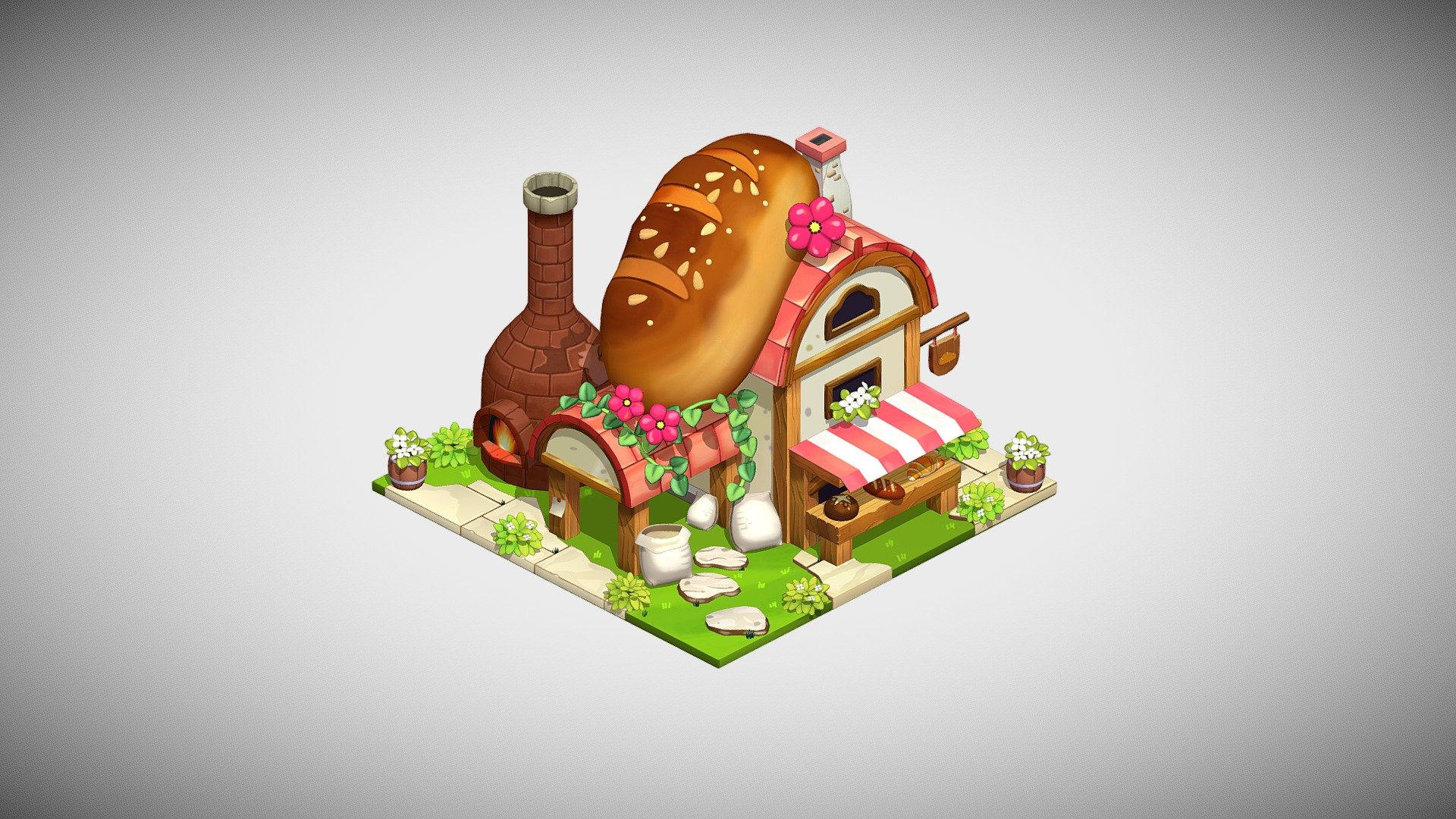 A bakery house made in Blender. Fully hand-painted in Blender and Gimp.
Original concept art by https://www.artstation.com/artwork/48Nkdk - Bakery House - 3D model by Yana Melnyk (@YanaMelnyk) 3d model