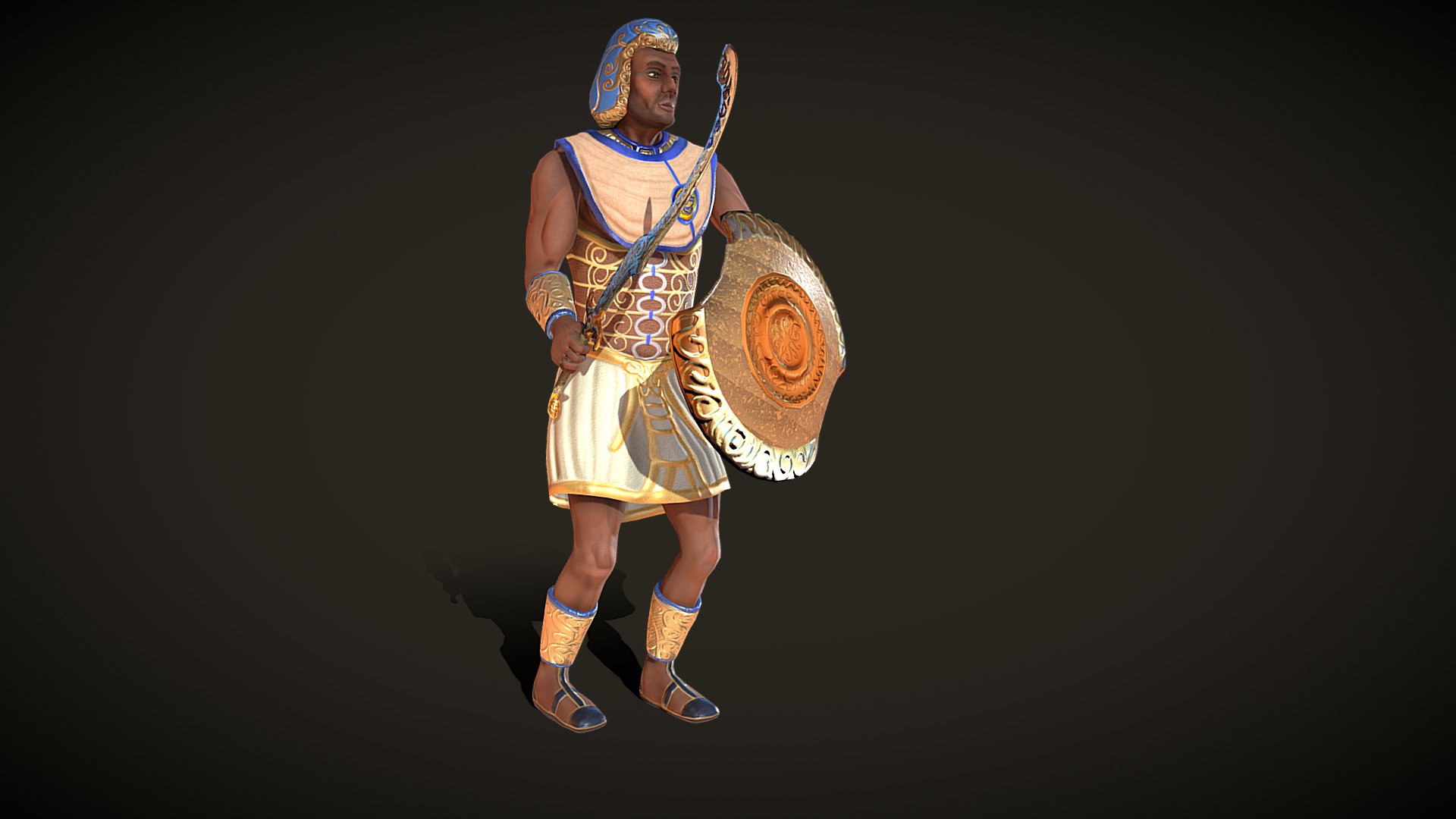 A character of excellent visual quality and low polygon count representing an ancient Egyptian warrior. Ideal for interactive or non-interactive virtual representations, simulations or games.




Has a collection of free animations. (Use it or retarget to other models)

Compatible with Unity, Unreal, Godot and other game engines.

Facial expressions can be created using &ldquo;bones