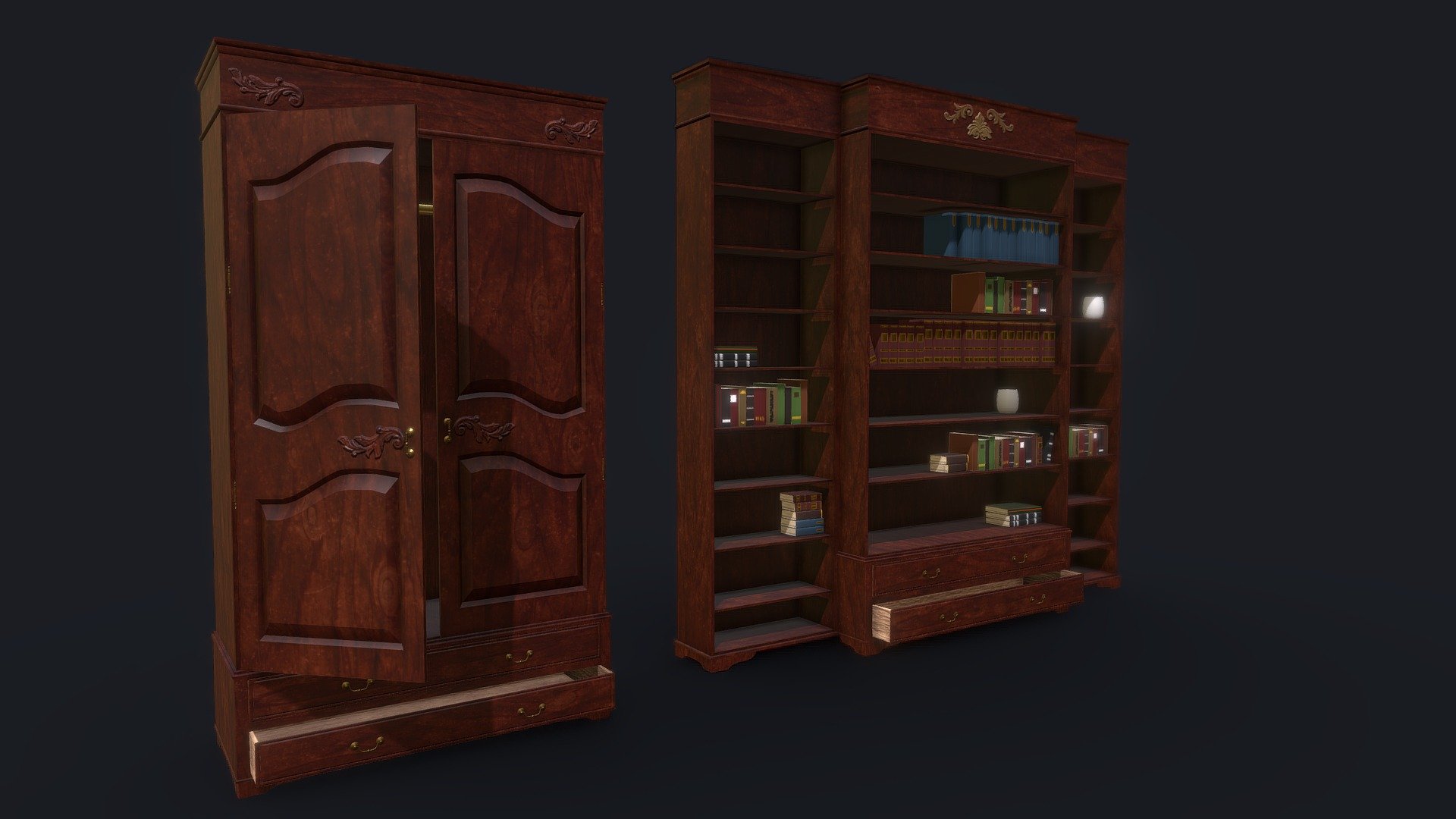 Part of a bigger Assetpack. These two Assets share one unique Texture-Set. No Trim Sheet.
PBR Texture done in Substance Painter.
Modelled in Maya.
Low-Poly and with functional shelves and doors with pivots at the right location.
Zip with additional packed MetallicRoughnessOcclusion Map and Color ID - Wardrobe and Bookshelf - Buy Royalty Free 3D model by Ray (@rayro) 3d model
