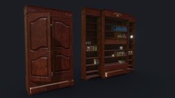 Wardrobe and Bookshelf office, wooden, shelf, medieval, gameprop, realtime, books, worn, furniture, drawer, wardrobe, ornaments, fancy, game-ready, bedroon, low-poly, gameart, gameasset, stylized, gameready, wardrope