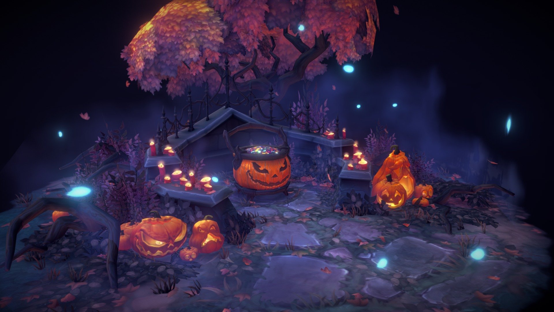 Happy Halloween! I've always loved the Warcraft hand painted art style, and I was Inspired by the in-game Hallow's End event in World of Warcraft. My goal was to create a 3D scene that a player could stumble upon in Azeroth, to trick or treat at. This was a lot of fun to work on and will probably make some more WoW inspired scenes in the future 3d model