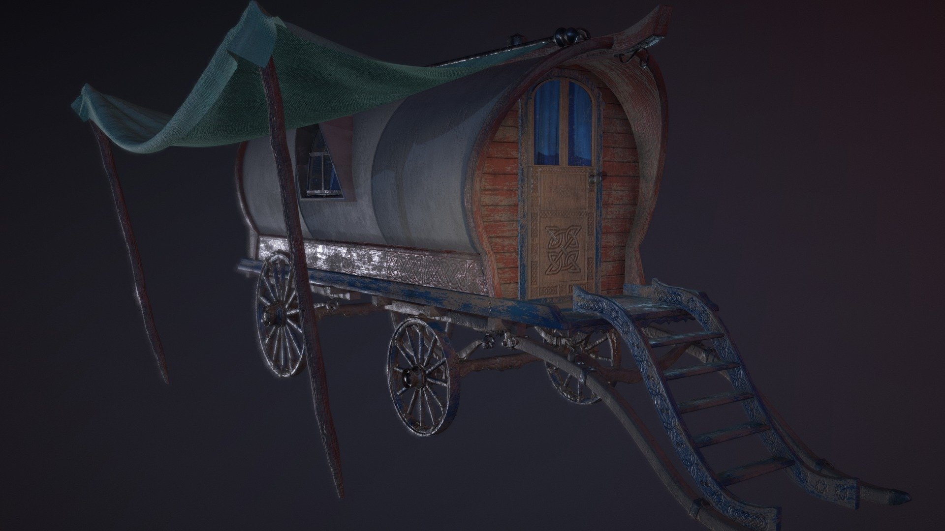 The key asset for my diploma project. Made in 3dsmax, with the exception of mud on the wheels which also went through Zbrush. I tried following Matthias Wagners's breakdown: https://www.artstation.com/artwork/PRlbn (with admittedly less success but we live and we learn!). Textured in Substance Painter with the base mud material coming from Designer.
I had to reduce the texture size for the upload, so close-ups may appear to be blurrier than originally intended! - Caravan - 3D model by Valeria Gerontopoulos (@vgerontopoulos) 3d model
