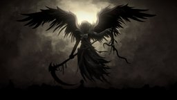 Angel Of Death flying, videogame, death, painted, wings, angel, clothes, scythe, fallen, color, hood, heaven, feathers, darkness, darkestdungeon, fantasycreature, character, handpainted, fantasy, dark, black