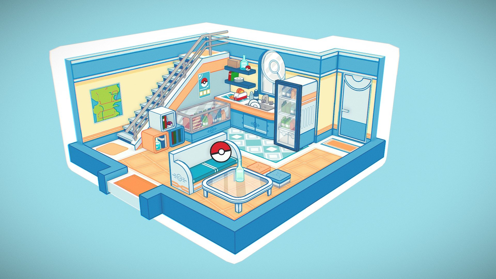 The new Pokemon games was a good opportunity for studies. I've try to imagine a room in a style between Animal Crossing and Pokemon. I hope you like it!

(Note: textures are ridiculously unoptimized, you can check if you want: it's a big mess) - Pokemon Kitchen - 3D model by Hellioze 3d model