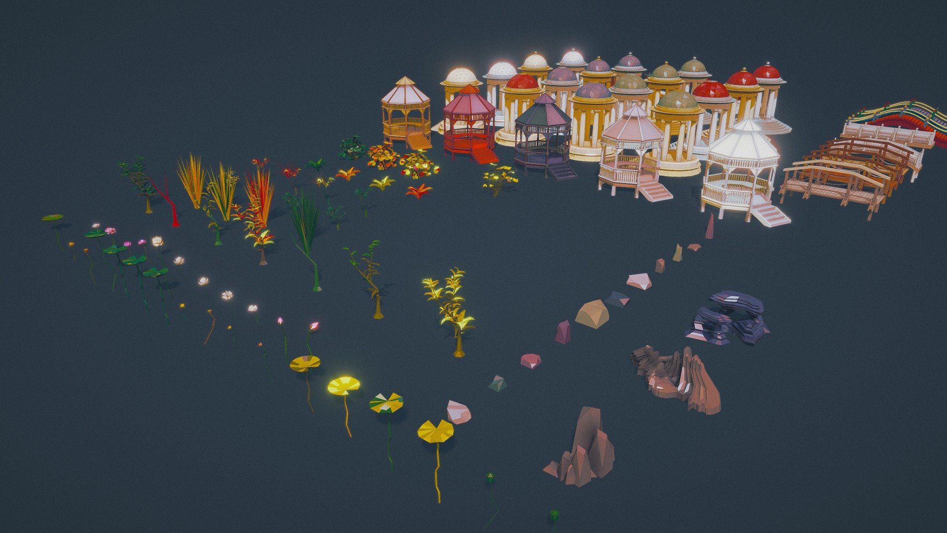 YouTube - DemoScene

This set includes game ready models of flowers, bushes, rocks, bridges, arbours, rotundas and water flowers. 



Formats:max(3ds Max 2016), blend (Blender 2.81), fbx, obj, stl, 3ds.
*

Full list of all 50 models:



Arbours:

Chinese arbour-1 

Chinese arbour-2 

Rotunda-1

Rotunda-2 

Arbour 



Water plants:

Lotus fp-1

Lotus fp-2

Lotus fp-3

Lotus fw-1

Lotus fw-2

Lotus fw-3

Lotus leaf

Lotus bud p-1

Lotus bud p-2

Lotus bud g-1

Lotus bud o-1

Lotus bud o-2

Lotus bud o-3

Water lily-1

Water lily-2

Water lily leaf



Bushes and plants:

Aloe

Bush-1

Bush-2

Bush-2 

Dried bush-1

Dried bush-2

S-bush

A-bush

L-bush

Reed



Briges:
*

AS bridge

S bridge

C bridge 

W bridge 



Stones and rocks:

Rock-1

Rock-2

Rock-3

Stone V-1

Stone V-2

Stone V-3

Stone V-4

Stone A-1

Stone A-2

Stone A-3

Stone F-1

Stone F-2

Stone F-3

Stone F-4

Stone F-5
 - Gazebos and Plants ||| Low Poly Asset - 3D model by Larolei Low Poly (@strix567) 3d model