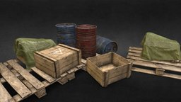 Factory equipment assets pallet, barrel, gadget, metal, box, game-asset, gameready-lowpoly, pbr, lowpoly, wood