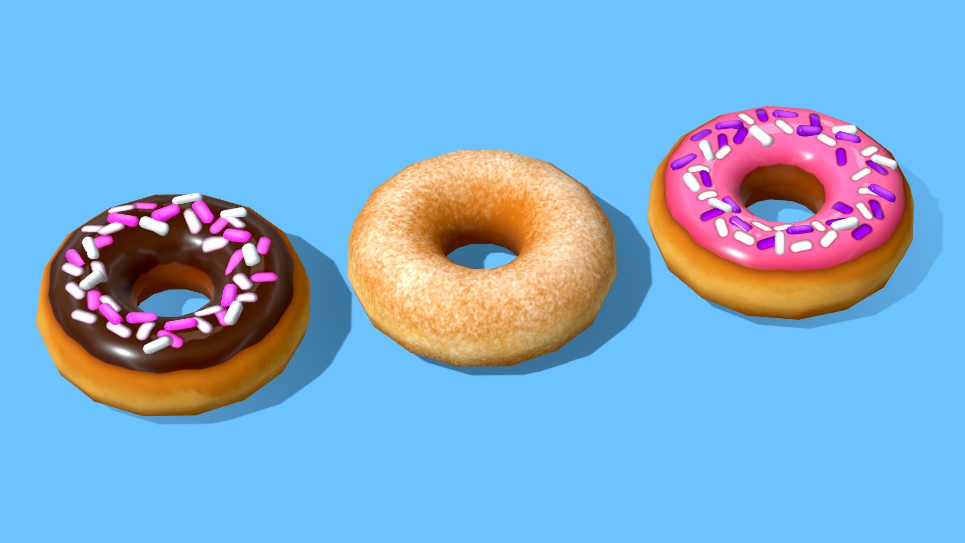Three classic, low-poly and game ready donuts!


Sugar, chocolate sprinkle and pink sprinkle
This asset uses a 1024x1024 diffuse texture map and can be used both lit and unlit - perfect for mobile! Also included is an optional roughness map for an added sheen to the donut glaze and sprinkles. 
Modeled in Maya and painted in Photoshop.

While you’re here make sure to check out my other assets! Every asset is modeled and painted in the same style so your game or project will maintain a cohesive and unique style with a wide variety of assets to choose from! - Donuts - Buy Royalty Free 3D model by Megan Alcock (@citystreetlight) 3d model