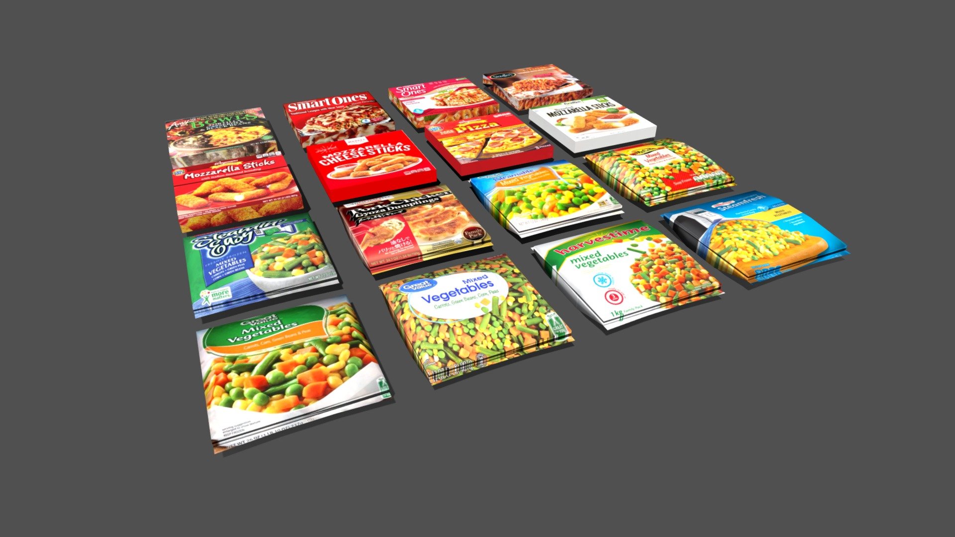This is a collection of frozen food or refrigirated food items for shops. File formats are:

Blender
FBX
Max 2015

Foods are: Amy's bowls, Smart Ones, Stouffer's, Mozerella Sticks, Steamin Easy Vegtables, Pork &amp; Chicken Gyoza Dumplings, McCan Mixed vegetables, Steamfresh and great value vegetables - Frozen Foods- Sketchfab - Buy Royalty Free 3D model by 3D Content Online (@hknoblauch) 3d model