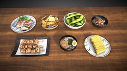 Japanese Food Vol food, realistic, sashimi, foods, natto, tamagoyaki, edameme, food3dmodel, japanese-food, pbr-texturing, udon, tempura, yakitori, model, japanese
