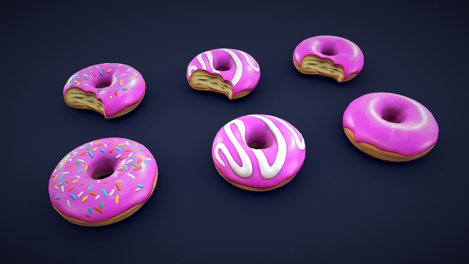 This pack contains 6 different stylized donuts. Whether you need a pink donut, a donut with a bite taken, or a glazed one with sprinkles, this pack has it all.🍩


These assets are also includes the following asset pack:



Stylized Donut Collection - Low Poly

Model information:




Optimized low-poly assets for real-time usage.

2K and 4K pbr textures for the assets are included.

Optimized and clean UV mapping.

Compatible with Unreal Engine, Unity and similar engines.

All assets are included in a separate file as well.
 - Stylized Pink Donuts - Low Poly - Buy Royalty Free 3D model by Lars Korden (@Lark.Art) 3d model