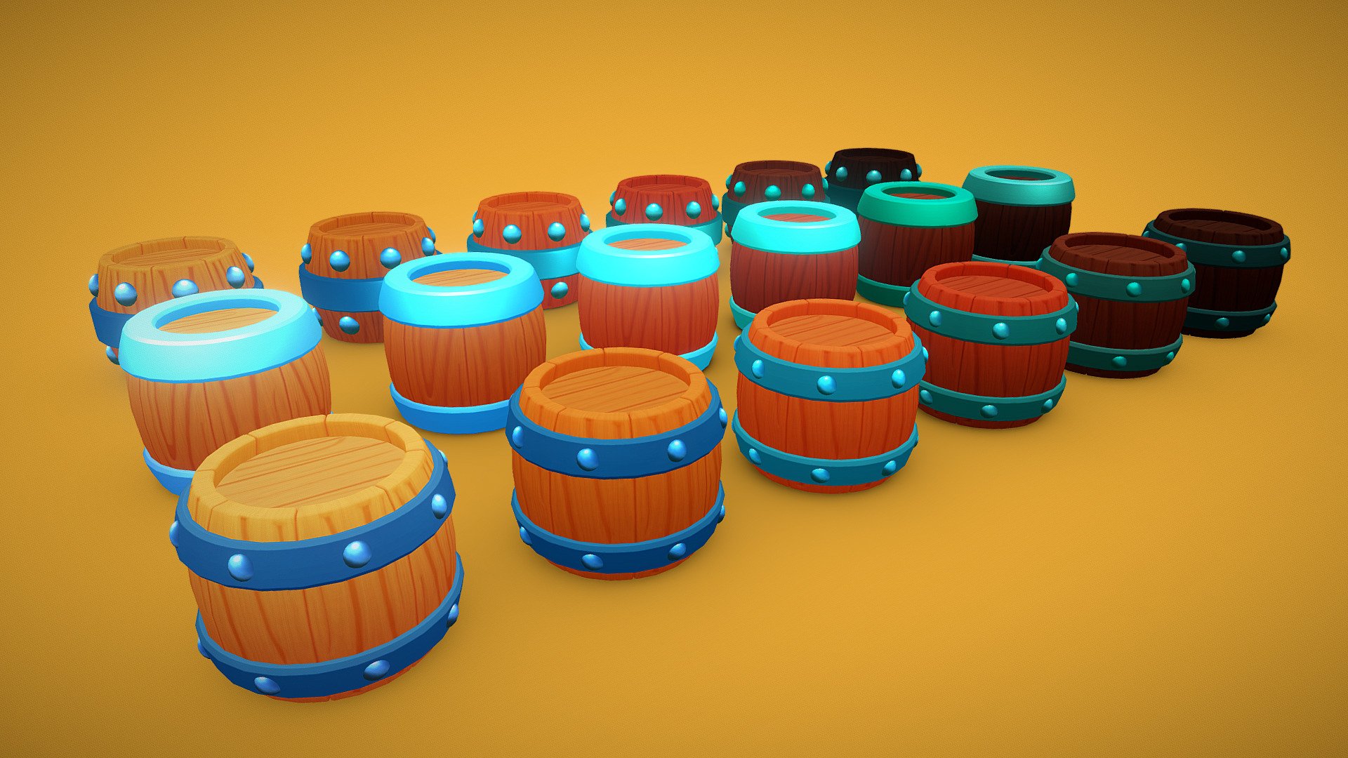 This pack contains 3 Low Poly 3D wooden barrels with 6 different diffuse texture for each barrel. Fits perfect as a decoration in exterior and interior stylized/cartoonish level design for games or VR/AR applications.

Features:




Number of Meshes: 3;

LODs: None;

Texture Size: 2048x2048 pixels;

Maps: Diffuse only;

Total Number of Textures: 18;

Supported Development Platforms: any

Supported Target Build Platforms: any

Polycount: 




Barrel 01: 2.006 polygons;

Barrel 02: 598 polygons;

Barrel 03: 1.246 polygons;
 - Pack of Cartoon Wooden Barrels - Buy Royalty Free 3D model by Rafael Ribeiro (@ribeirorafael) 3d model