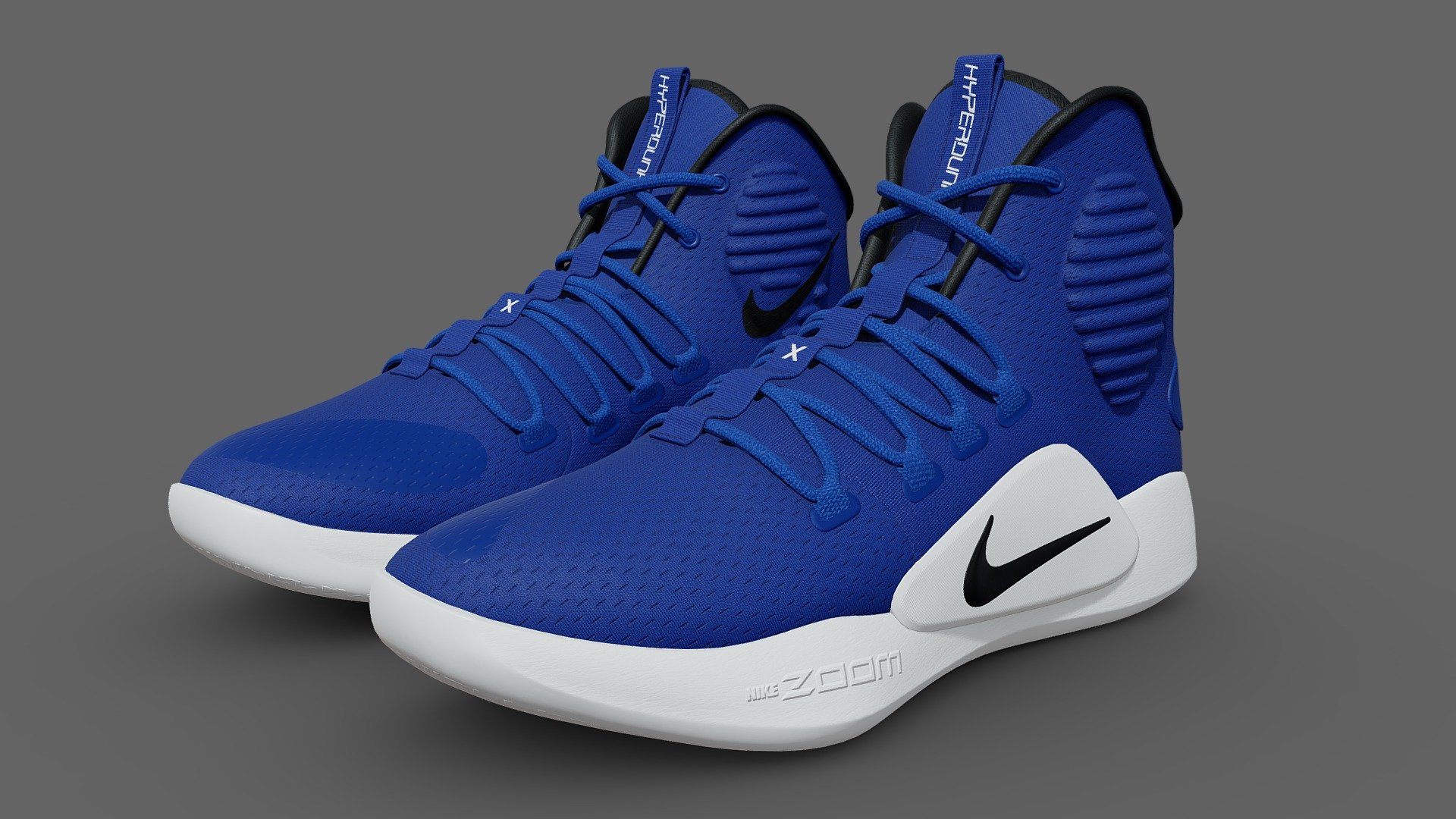 Nike Basketball Shoes Hyperdunk X EP

This model is suitable for use in broadcast, film , advertising, visualization, games. etc
The model is accurate with the real world size and scale
Easily Compatible with Unity 3d

**[ TEXTURES ] **

Textures Formats: PNG 8192 x 8192 

Textures Formats: PNG 4096 x 4096

Blender file included with 8K Textures Embedded within the file.
Both the shoes share the same textures except for the Roughness &amp; Normap Map which is named as Right for the right shoe. 
UVs are non-overlapping and unwrapped in a very clean manner 3d model