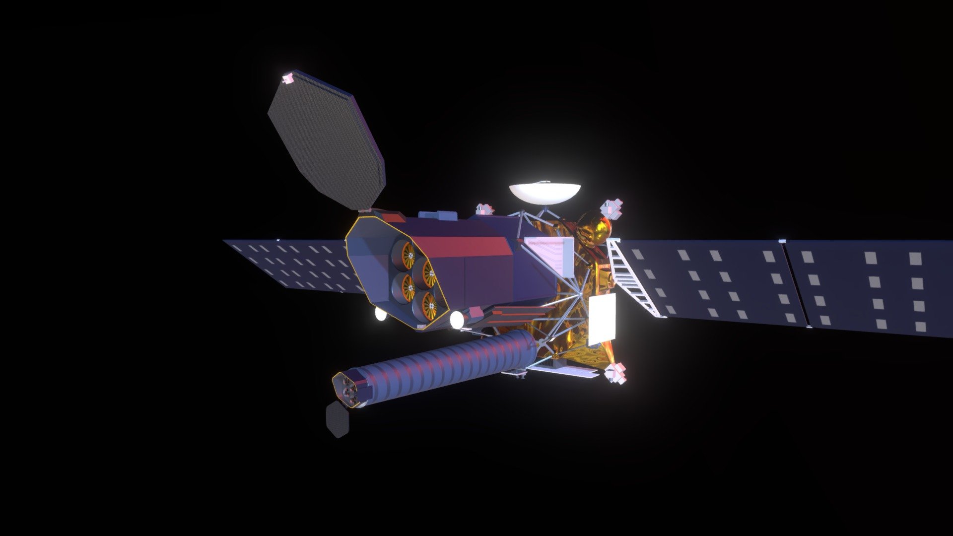 Spektr-RG (Russian: Спектр-РГ, Spectrum + Röntgen + Gamma; also called Spectrum-X-Gamma, SRG, SXG) is a Russian–German high-energy astrophysics space observatory which was launched on 13 July 2019.

The primary instrument of the mission is eROSITA, built by the Max Planck Institute for Extraterrestrial Physics (MPE) in Germany. It will conduct a seven-year X-ray survey,the first in the medium X-ray band less than 10 keV energies, and the first to map all estimated 100,000 galaxy clusters. This survey may detect new clusters of galaxies and active galactic nuclei. The second instrument, ART-XC, is a Russian high-energy X-ray telescope capable of detecting supermassive black holes. 

The spacecraft will enter an orbit around the Sun, circling the Sun-Earth L2 Lagrangian point in a halo orbit, about 1.5 million kilometres away from Earth. Three years of observations of selected galaxy clusters and AGNs (Active Galactic Nuclei) are planned 3d model