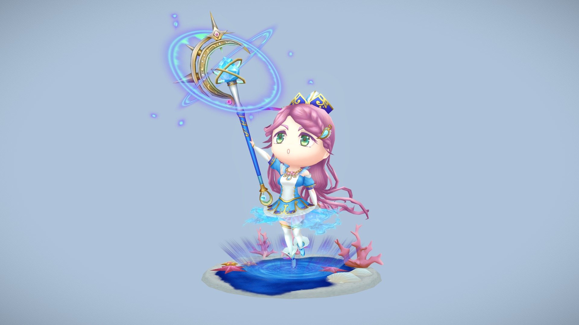 This is my personal project, Chibi character with hand-painted textures which uses Water as a motif.
She's originally rigged and posed in Maya.

「水」をモチーフに個人的に制作した、手描きテクスチャの2.5頭身キャラです。
ポージング用のセットアップはMayaで行っています。 - Chibi healer - 3D model by CSGraphicArt (@rucchi) 3d model